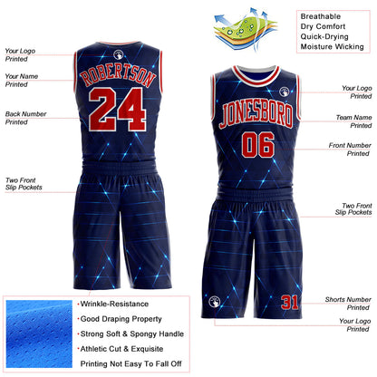 Custom Blue Red-White Sparkling Geometric Round Neck Sublimation Basketball Uniform Jersey