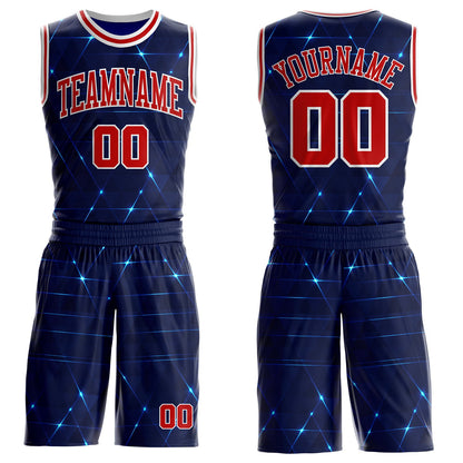 Custom Blue Red-White Sparkling Geometric Round Neck Sublimation Basketball Uniform Jersey