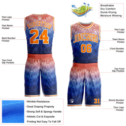 Custom Blue Bay Orange-White Geometric Gradient Round Neck Sublimation Basketball Uniform Jersey