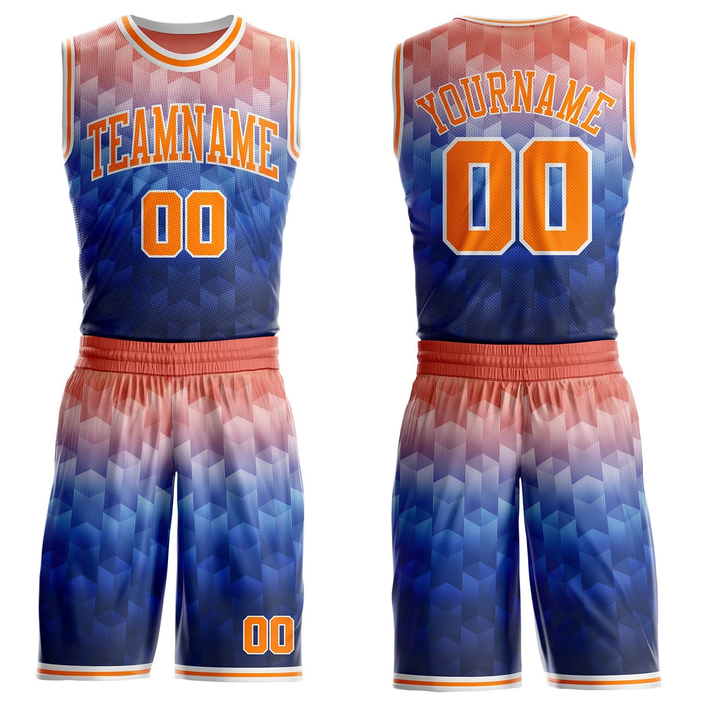 Custom Blue Bay Orange-White Geometric Gradient Round Neck Sublimation Basketball Uniform Jersey
