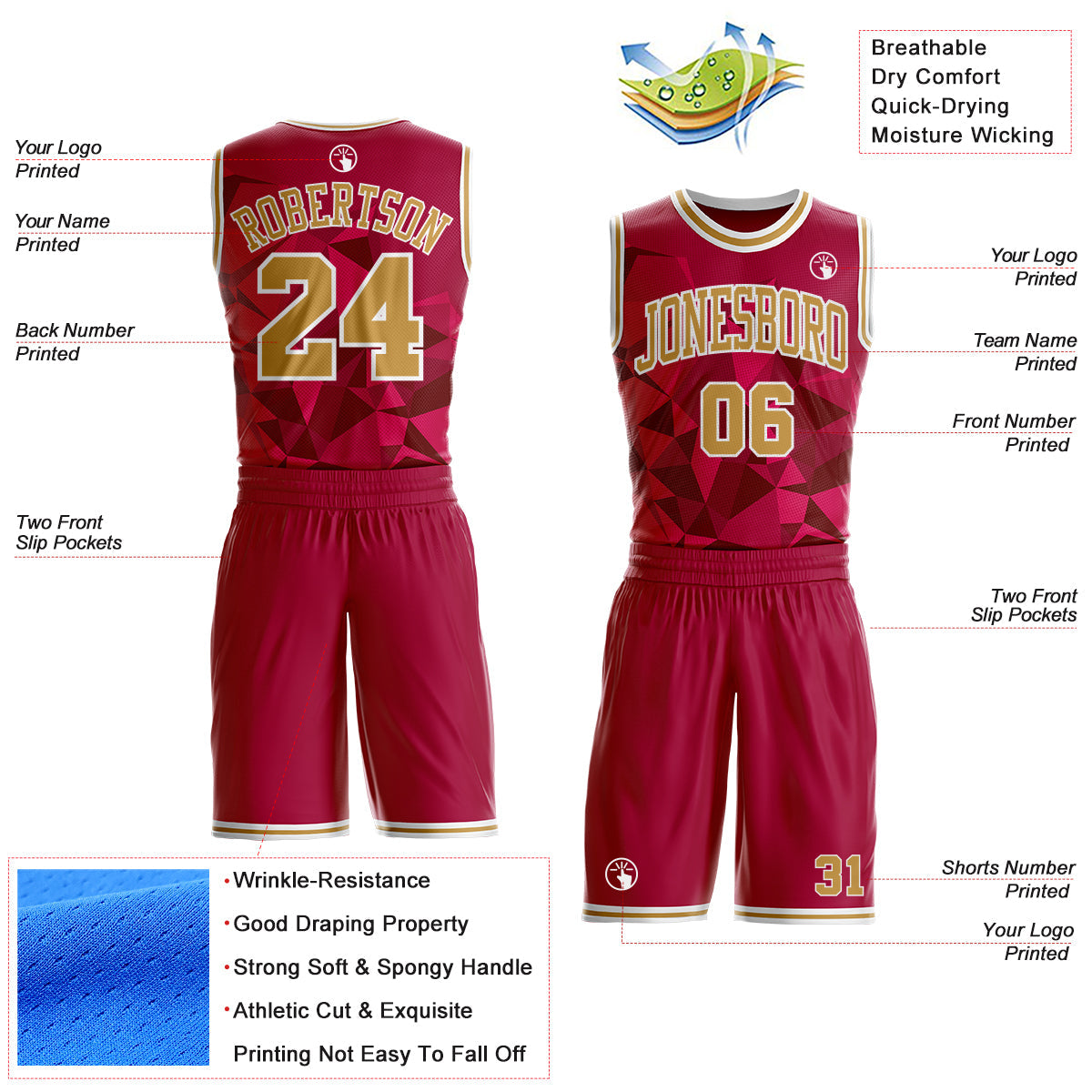 Custom Red Old Gold-White Diamond Shapes Geometric Round Neck Sublimation Basketball Uniform Jersey
