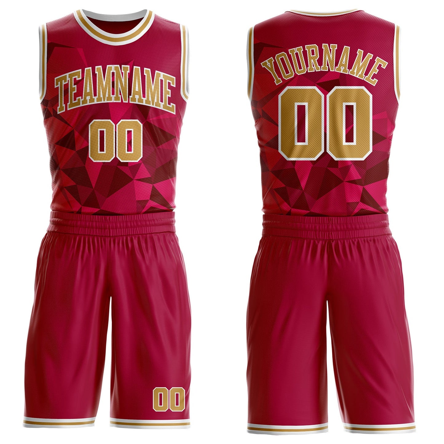 Custom Red Old Gold-White Diamond Shapes Geometric Round Neck Sublimation Basketball Uniform Jersey