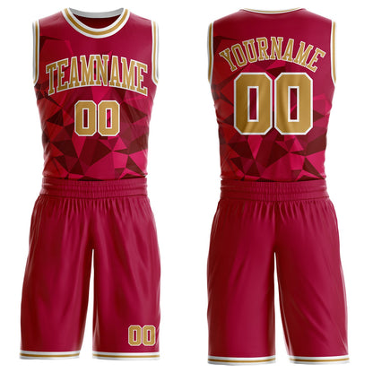 Custom Red Old Gold-White Diamond Shapes Geometric Round Neck Sublimation Basketball Uniform Jersey