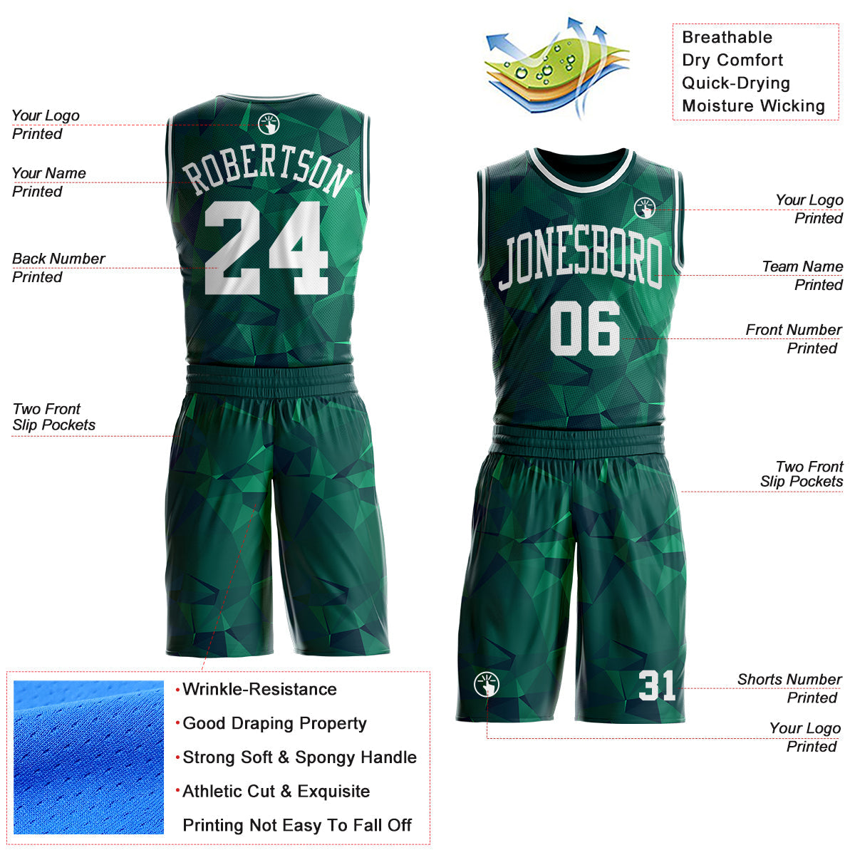 Custom Green-White Diamond Shapes Geometric Round Neck Sublimation Basketball Uniform Jersey