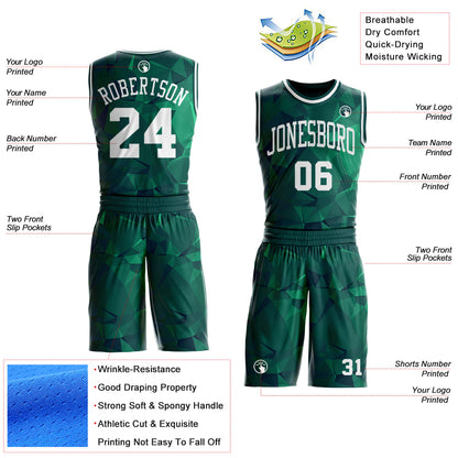 Custom Green-White Diamond Shapes Geometric Round Neck Sublimation Basketball Uniform Jersey