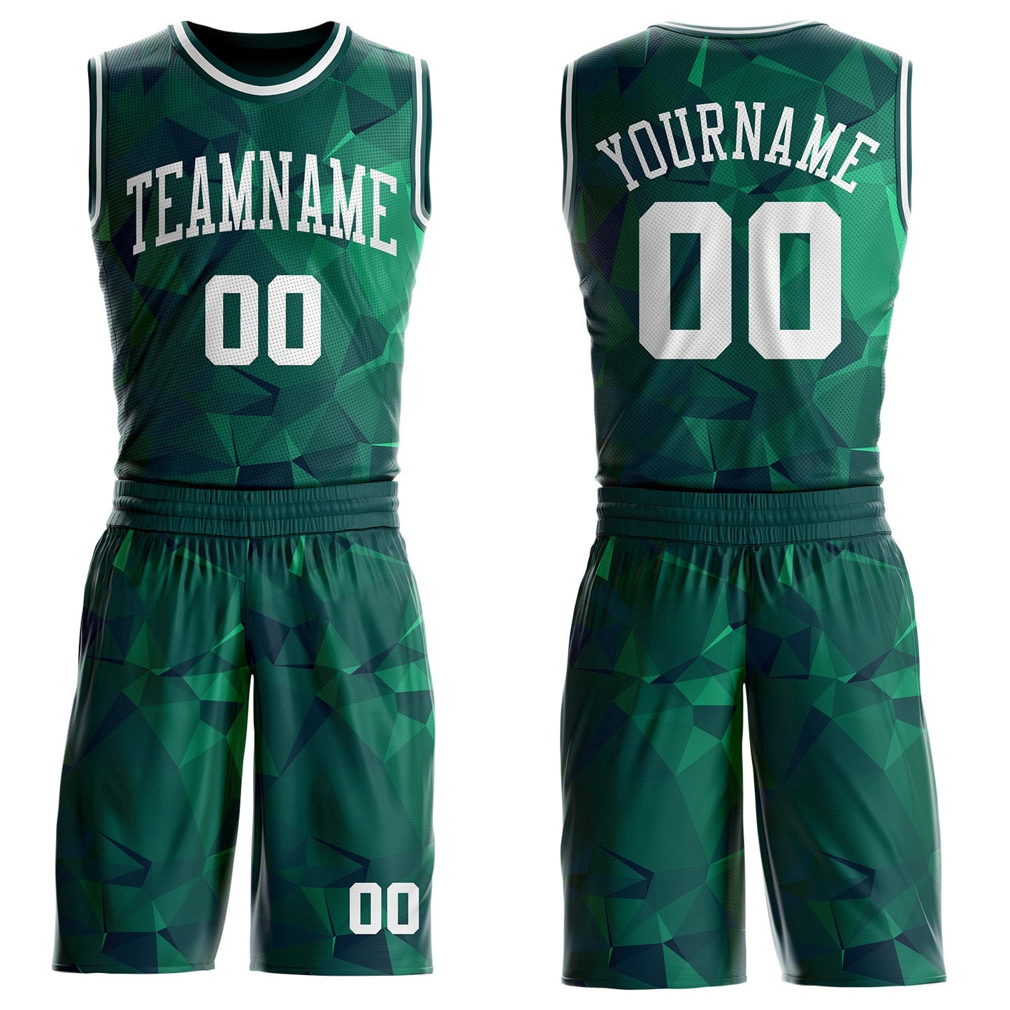 Custom Green-White Diamond Shapes Geometric Round Neck Sublimation Basketball Uniform Jersey