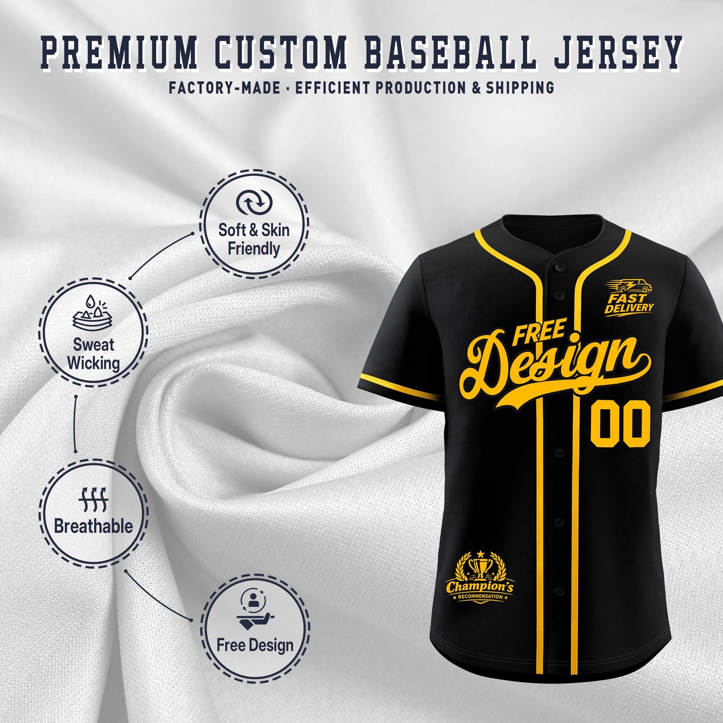 Custom Black Yellow Classic Style Baseball Jersey Stitched Sports Uniform Personalized For Teams