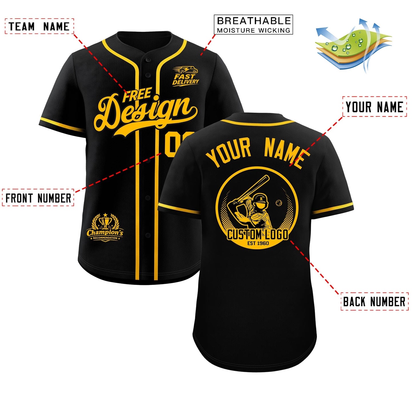 Custom Black Yellow Classic Style Baseball Jersey Stitched Sports Uniform Personalized For Teams