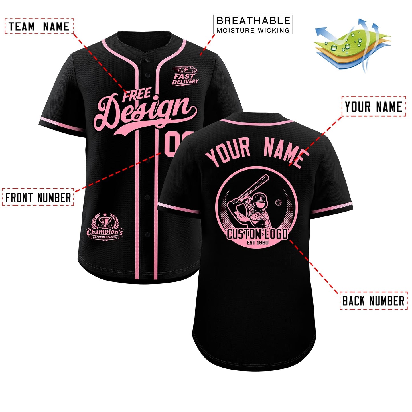 Custom Black Light Pink Classic Style Baseball Jersey Stitched Sports Uniform Personalized For Teams