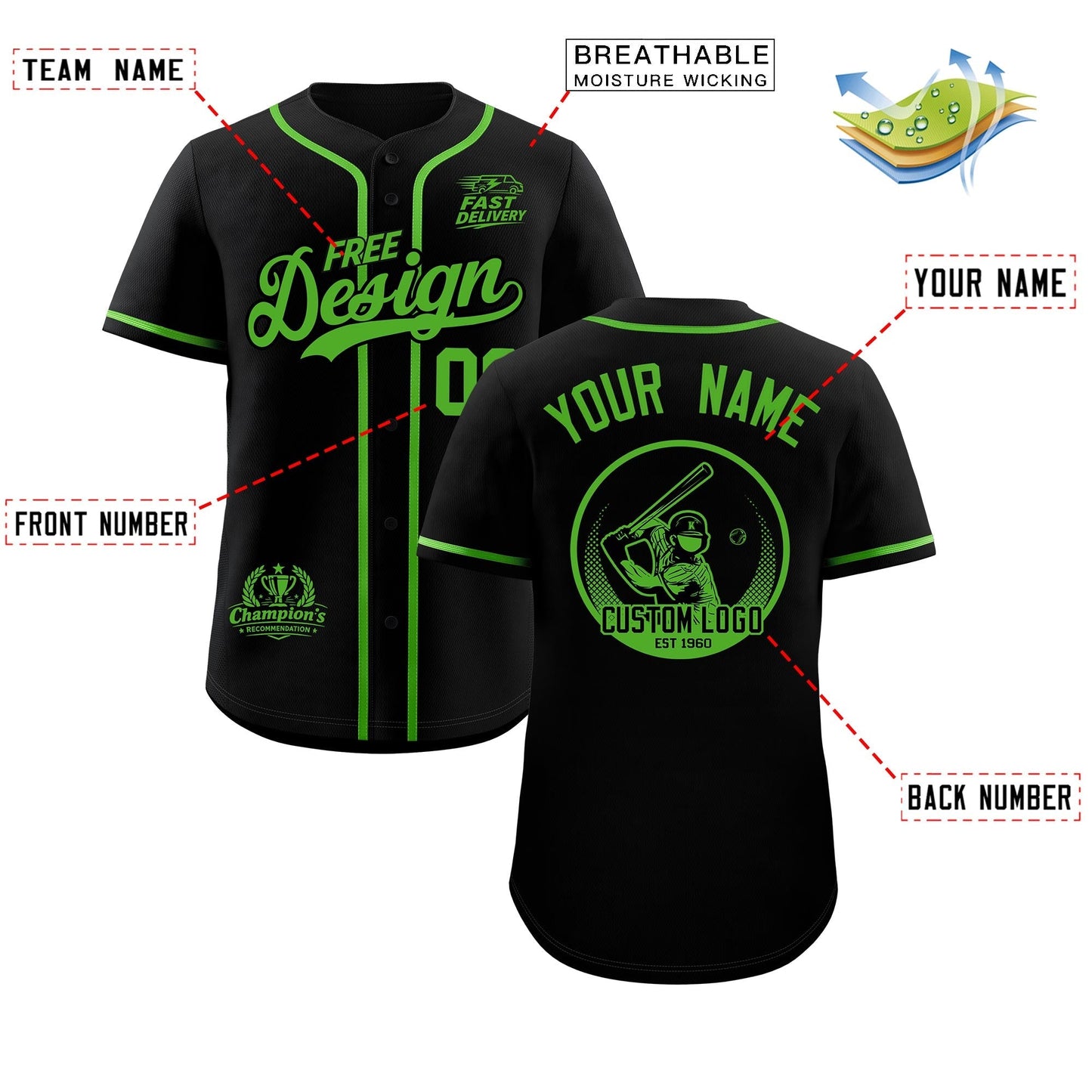 Custom Black Light Green Classic Style Baseball Jersey Stitched Sports Uniform Personalized For Teams
