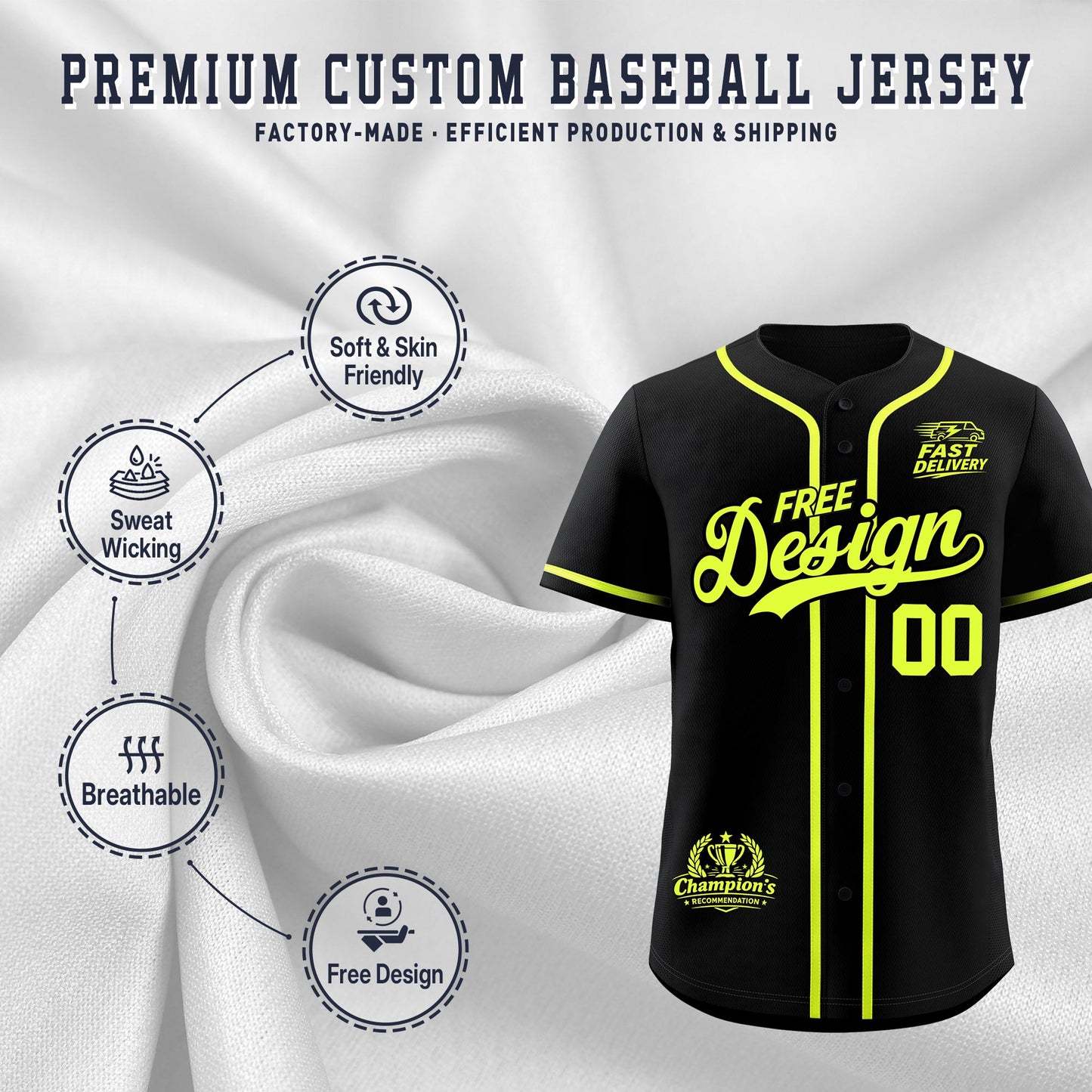 Custom Black Fluorescent Green Classic Style Baseball Jersey Stitched Sports Uniform Personalized For Teams
