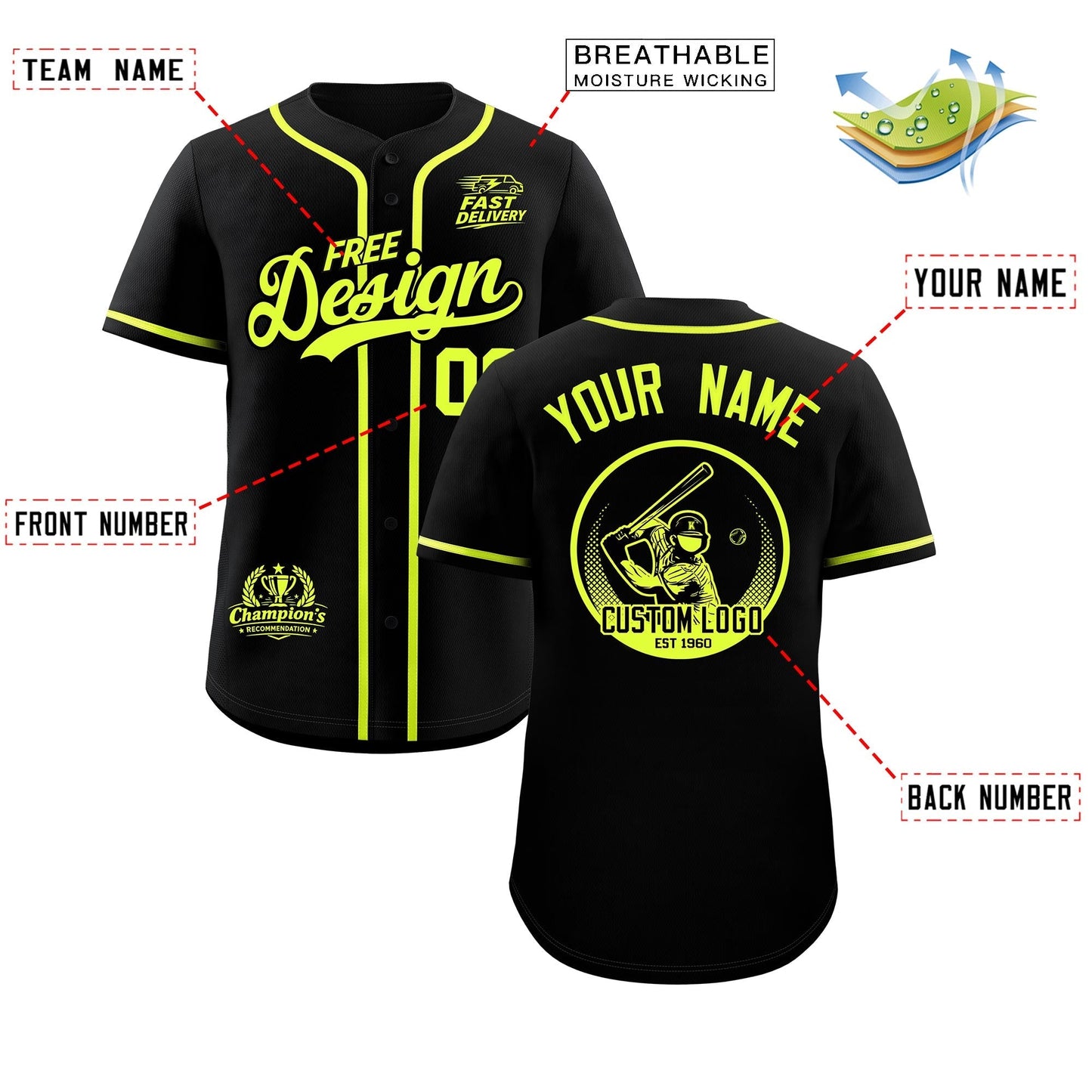 Custom Black Fluorescent Green Classic Style Baseball Jersey Stitched Sports Uniform Personalized For Teams