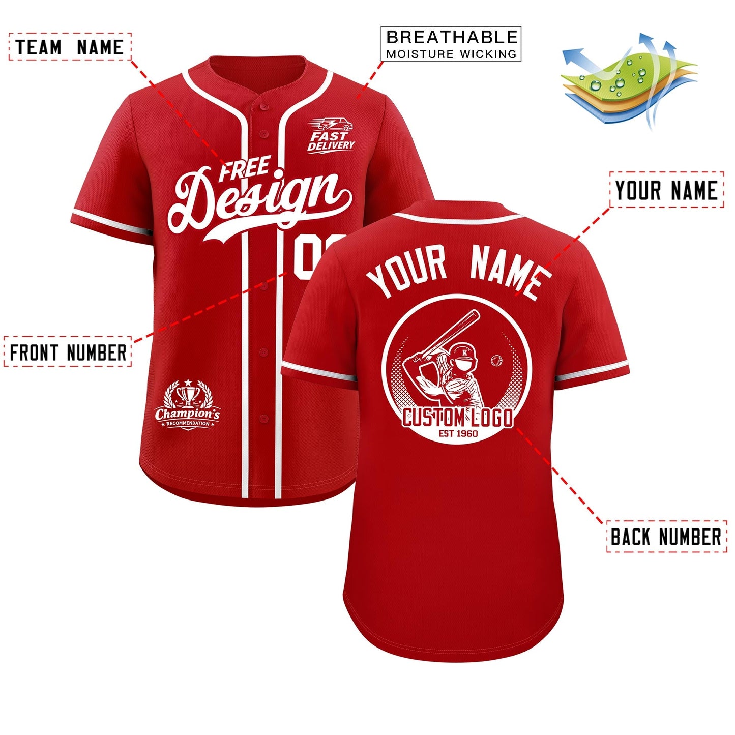Custom Red White Classic Style Baseball Jersey Stitched Sports Uniform Personalized For Teams