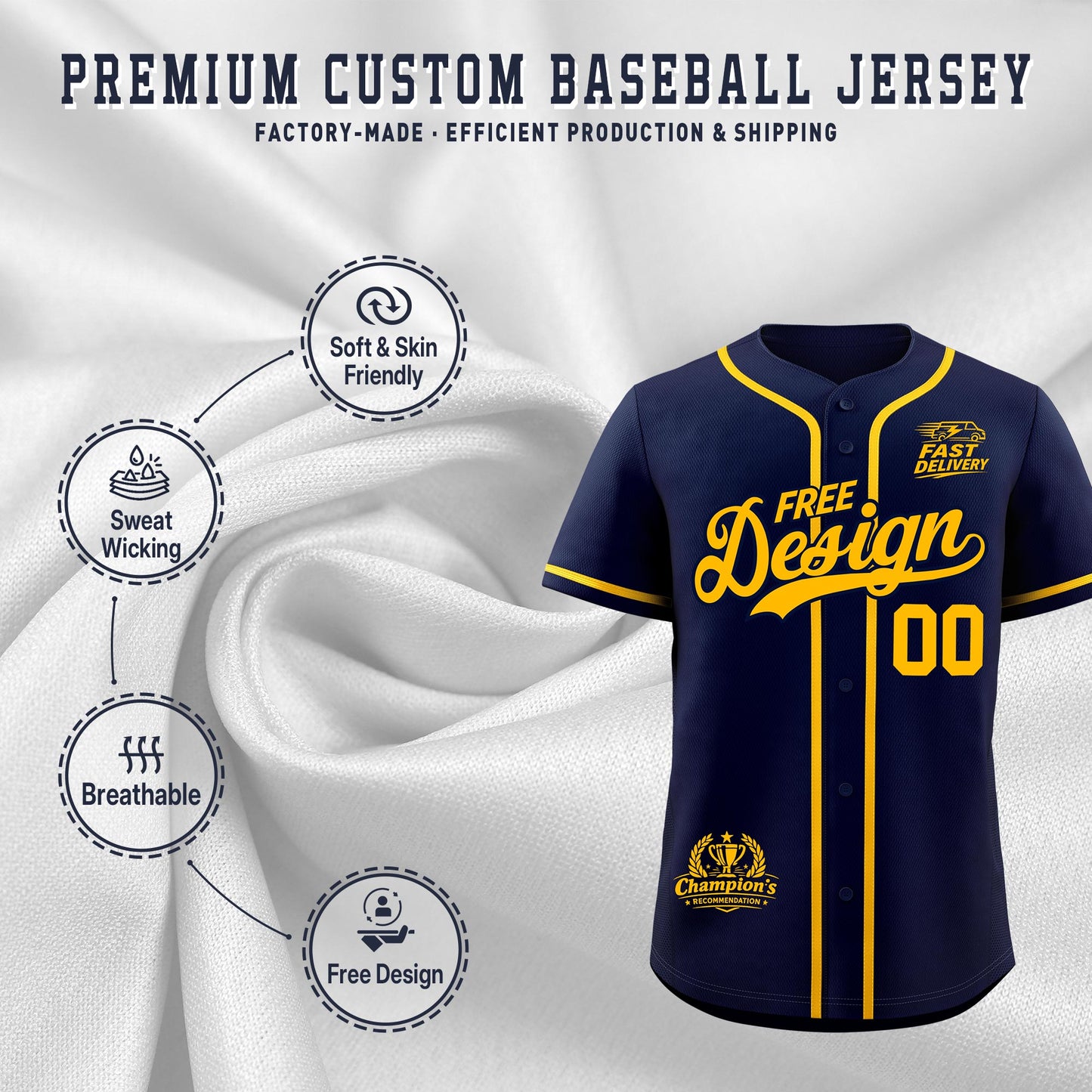 Custom Navy Yellow Classic Style Baseball Jersey Stitched Sports Uniform Personalized For Teams