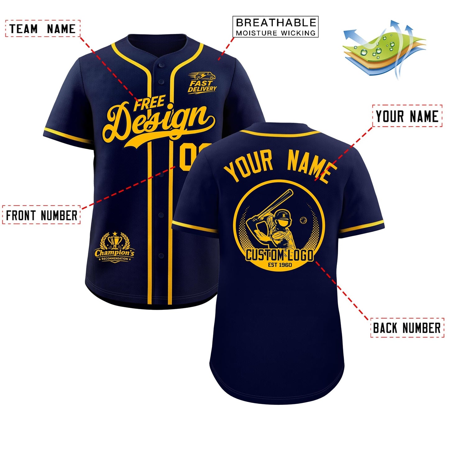 Custom Navy Yellow Classic Style Baseball Jersey Stitched Sports Uniform Personalized For Teams
