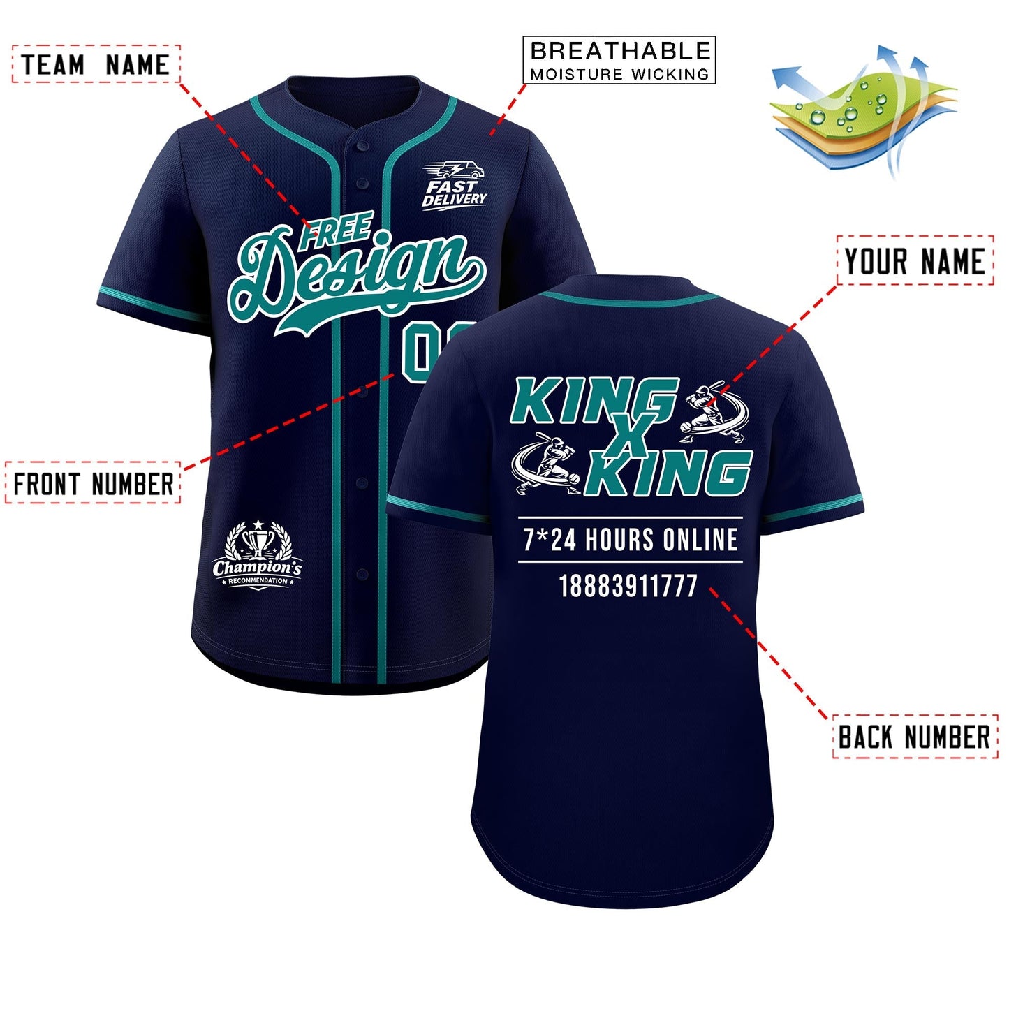 Custom Navy Teal Classic Style Baseball Jersey Stitched Sports Uniform Personalized For Teams