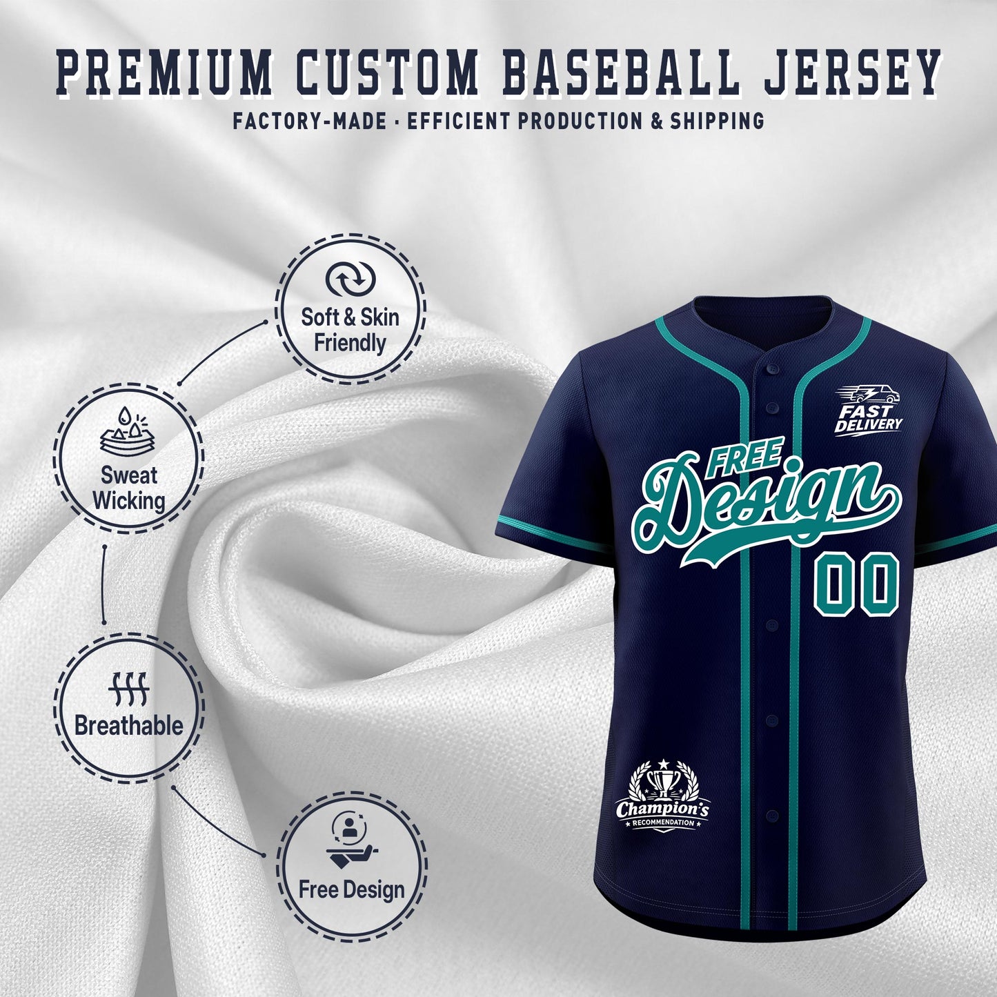 Custom Navy Teal Classic Style Baseball Jersey Stitched Sports Uniform Personalized For Teams