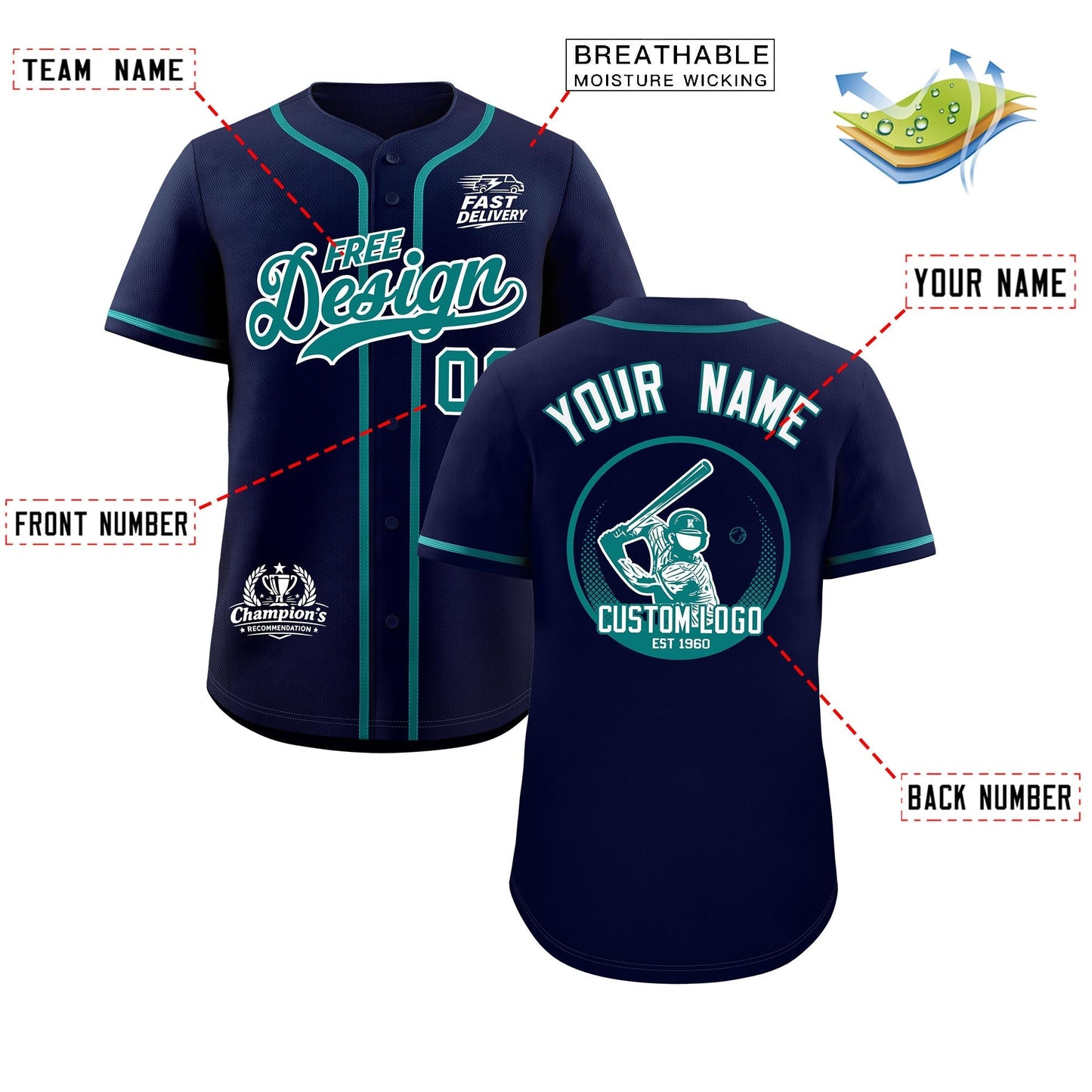 Custom Navy Teal Classic Style Baseball Jersey Stitched Sports Uniform Personalized For Teams