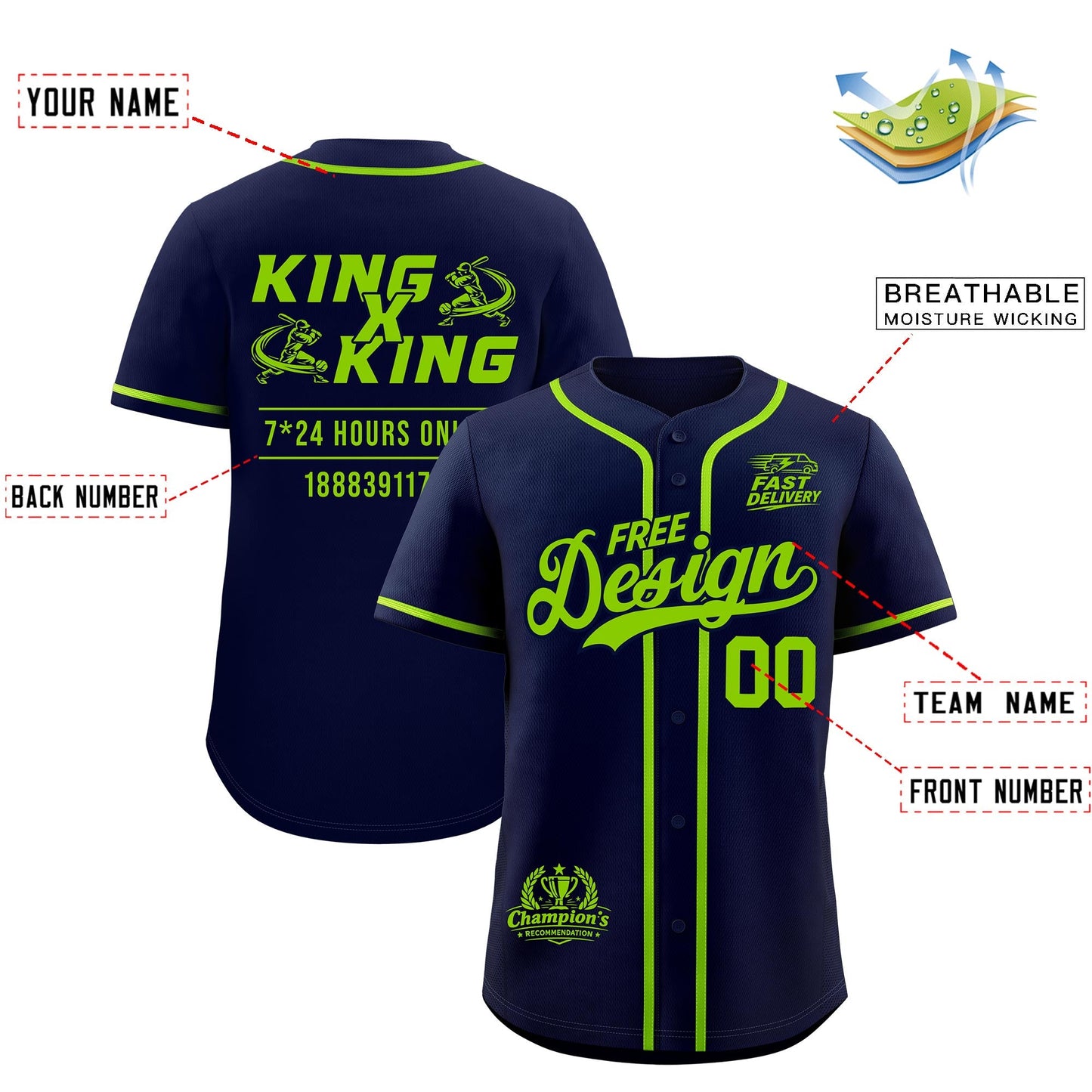 Custom Navy Neon Green Classic Style Baseball Jersey Stitched Sports Uniform Personalized For Teams