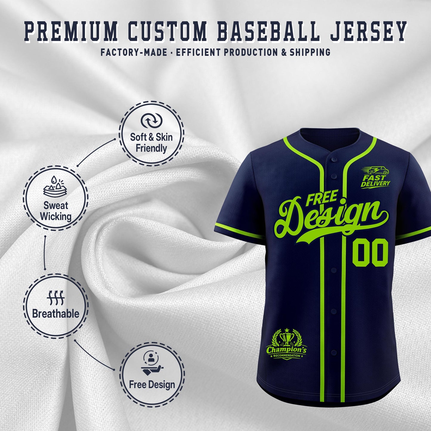 Custom Navy Neon Green Classic Style Baseball Jersey Stitched Sports Uniform Personalized For Teams