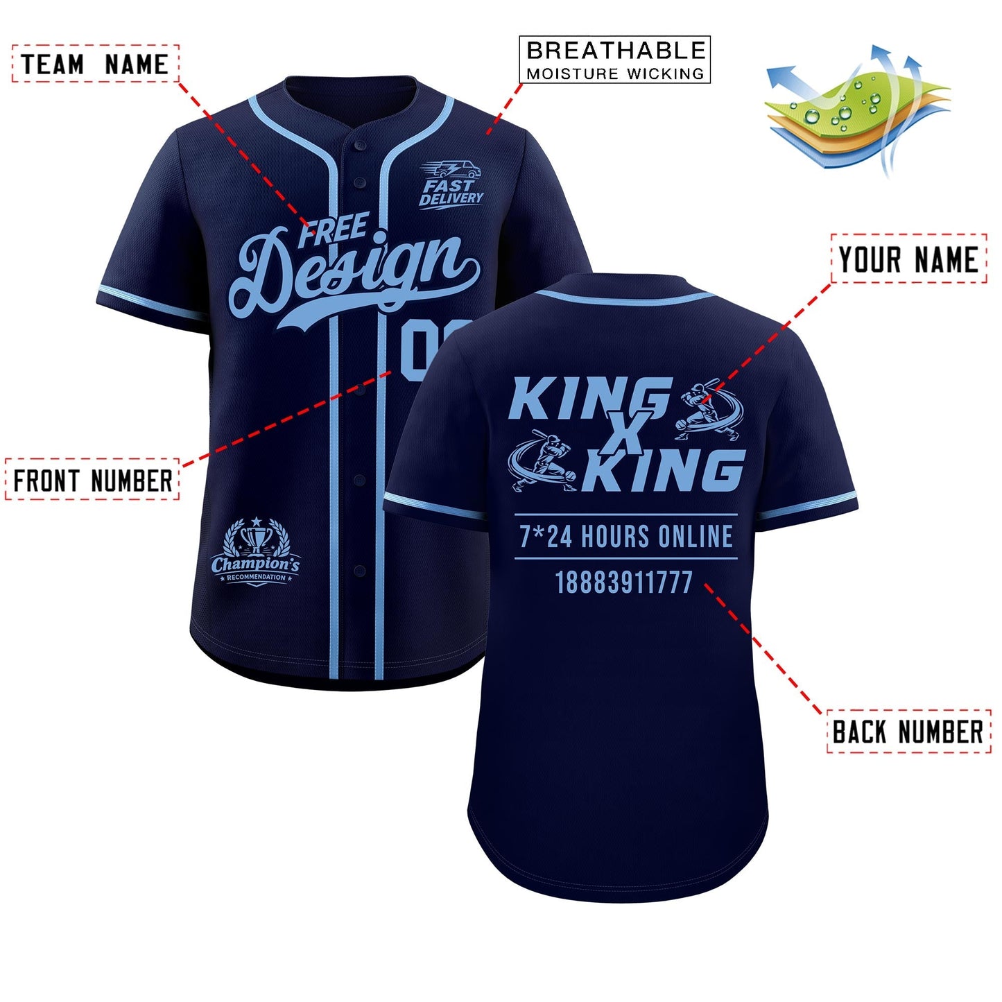 Custom Navy Powder Blue Classic Style Baseball Jersey Stitched Sports Uniform Personalized For Teams