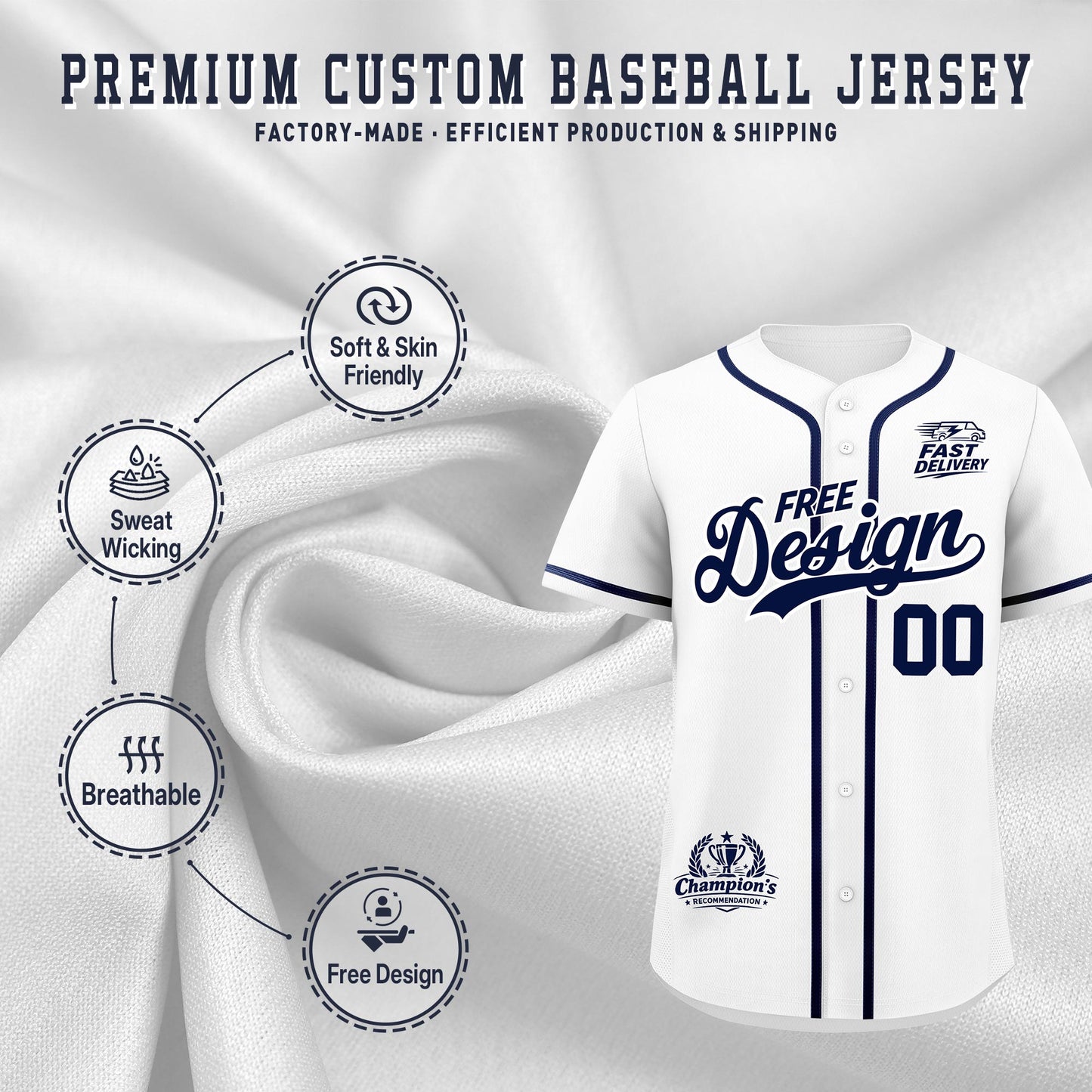 Custom White Navy Classic Style Baseball Jersey Stitched Sports Uniform Personalized For Teams