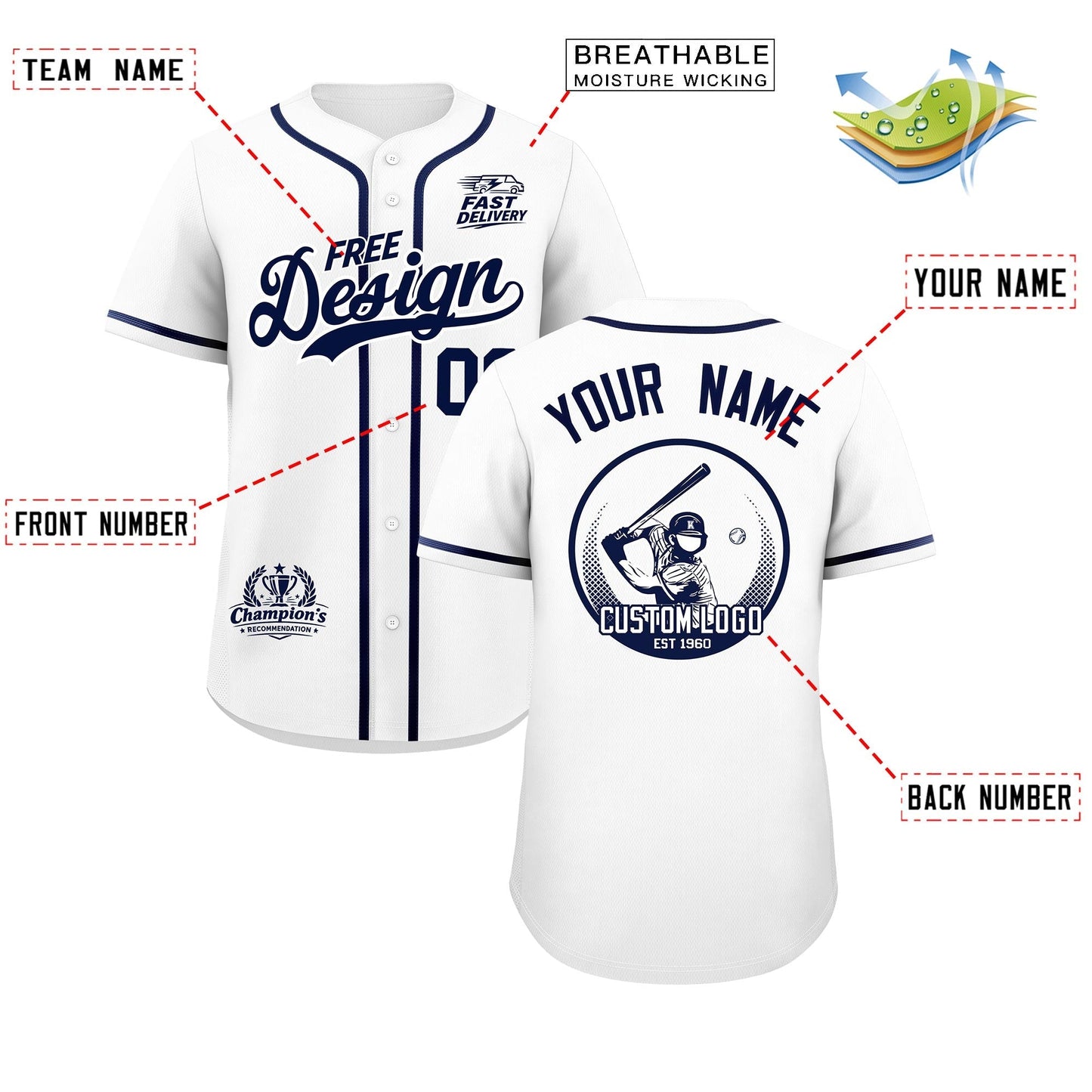 Custom White Navy Classic Style Baseball Jersey Stitched Sports Uniform Personalized For Teams