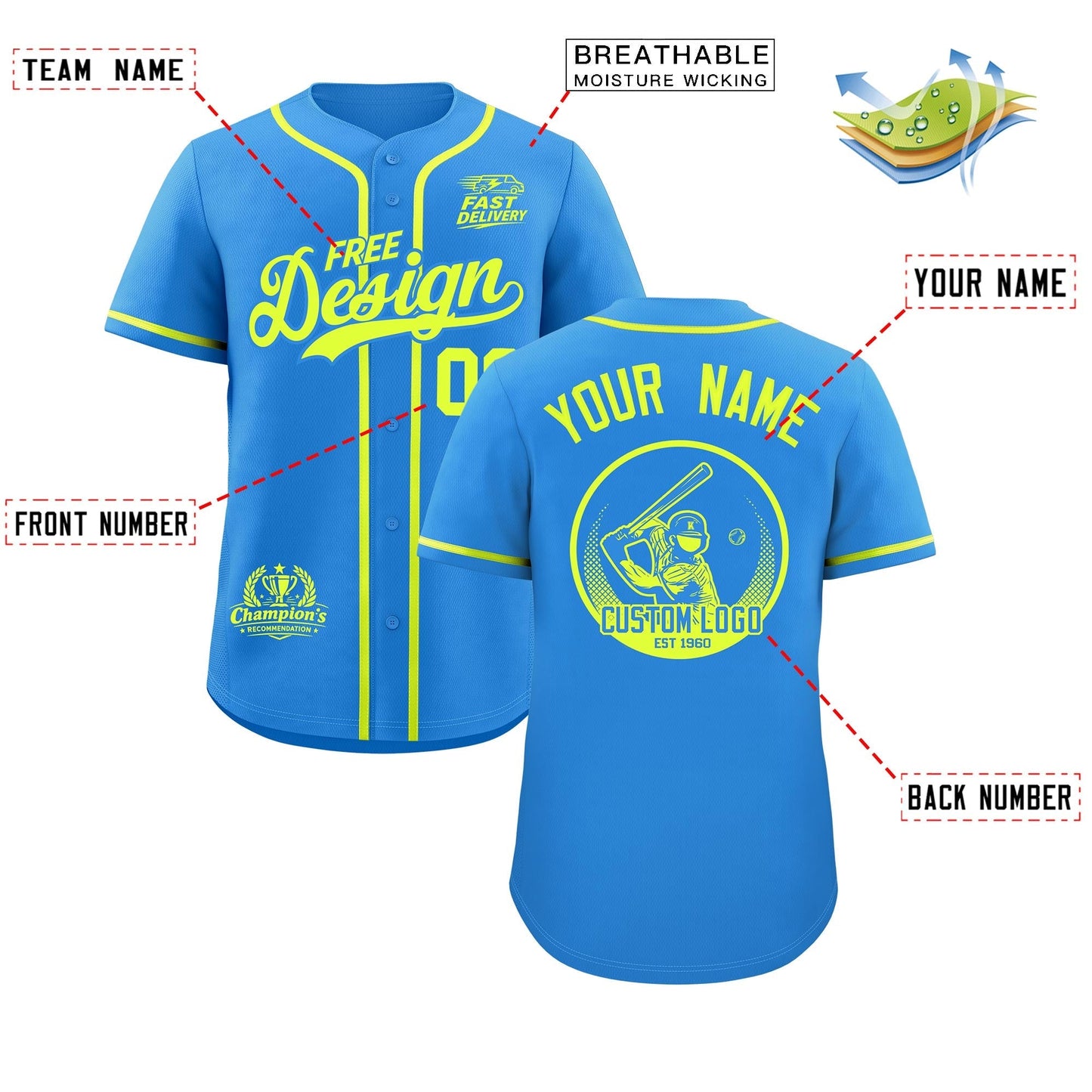 Custom Light Blue Fluorescent Green Classic Style Baseball Jersey Stitched Sports Uniform Personalized For Teams