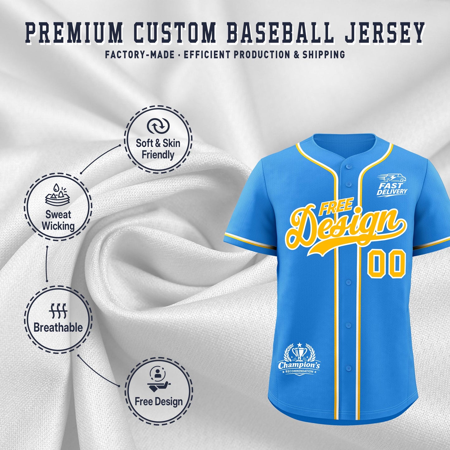 Custom Light Blue Yel low White Classic Style Baseball Jersey Stitched Sports Uniform Personalized For Teams