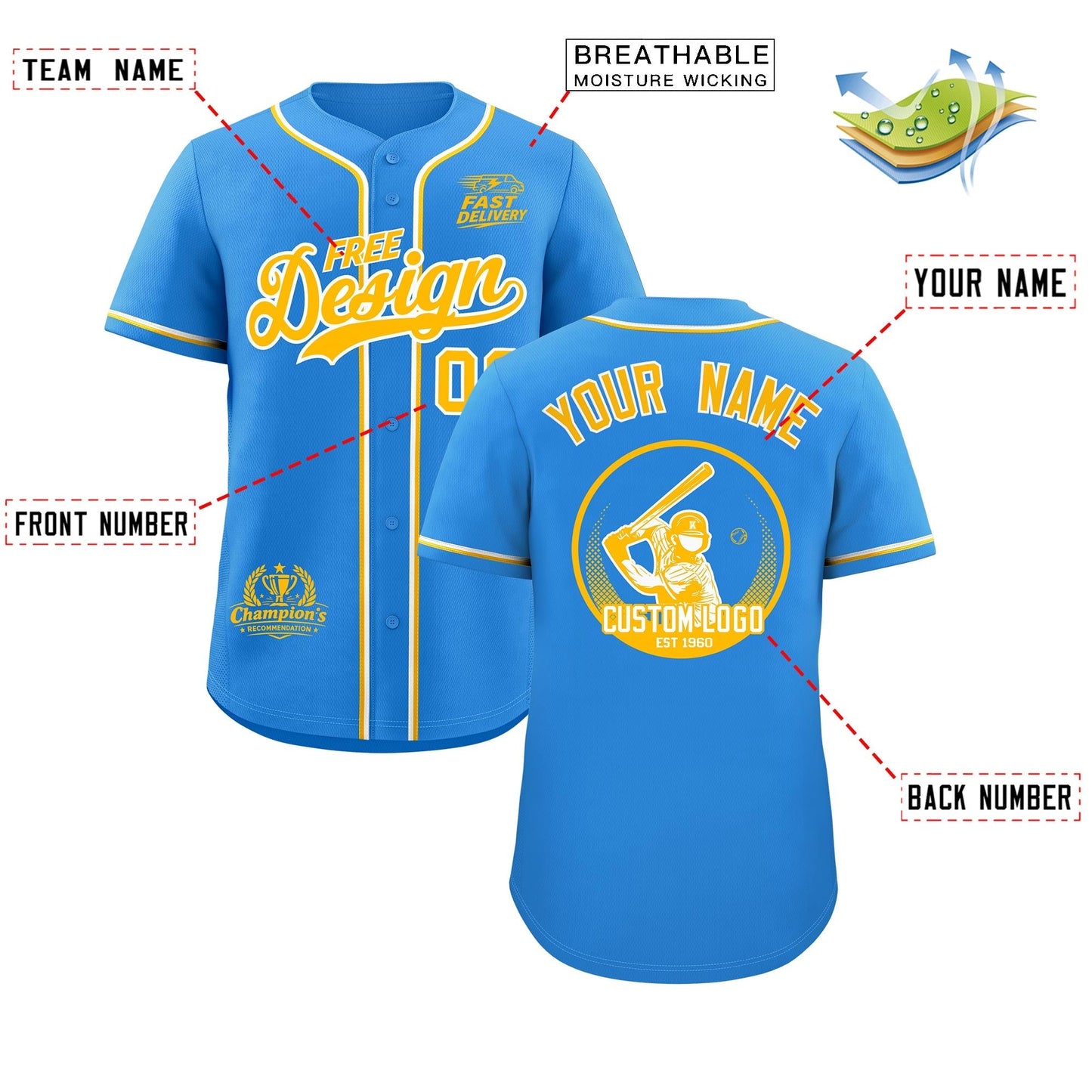 Custom Light Blue Yellow White Classic Style Baseball Jersey Stitched Sports Uniform Personalized For Teams