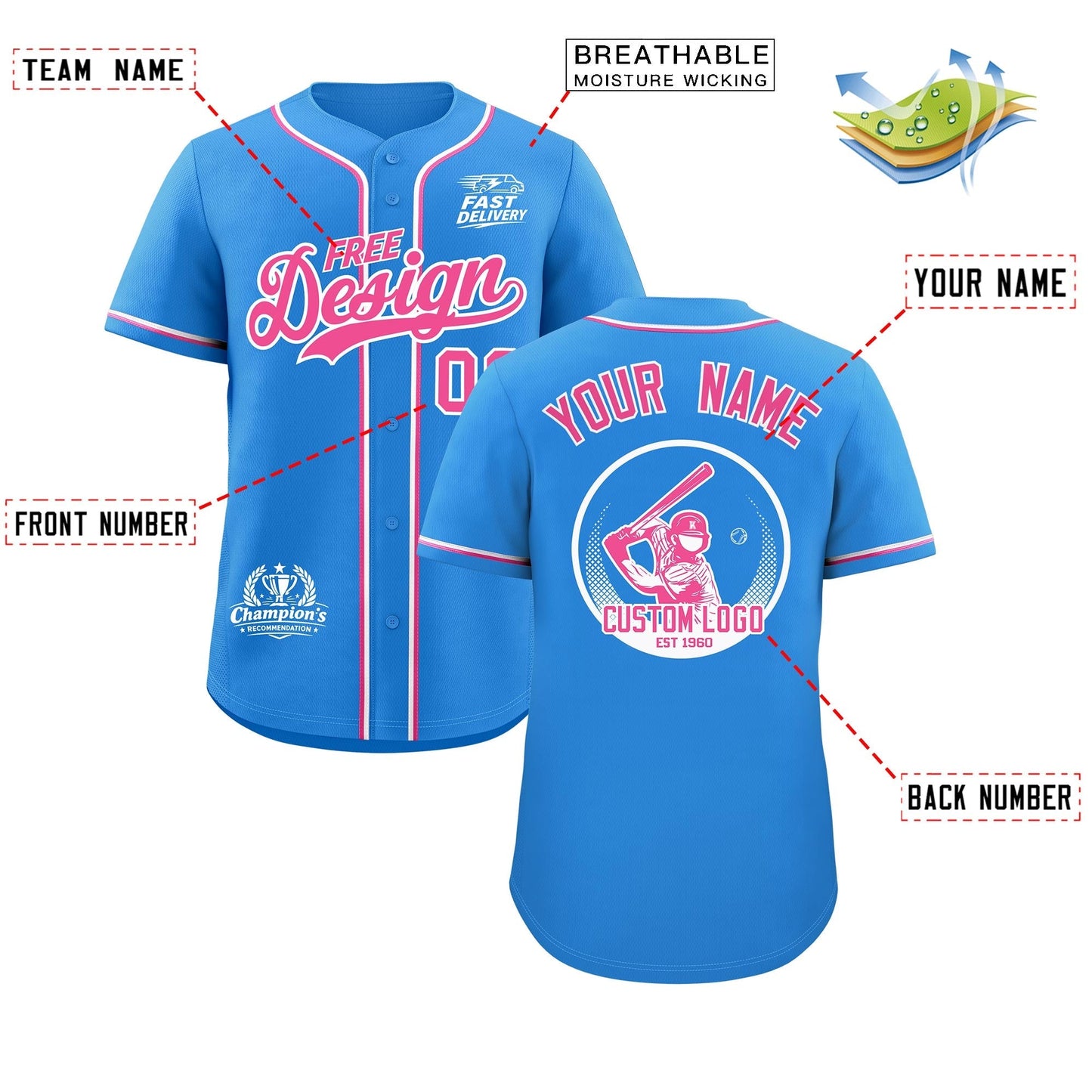 Custom Light Blue Pink White Classic Style Baseball Jersey Stitched Sports Uniform Personalized For Teams