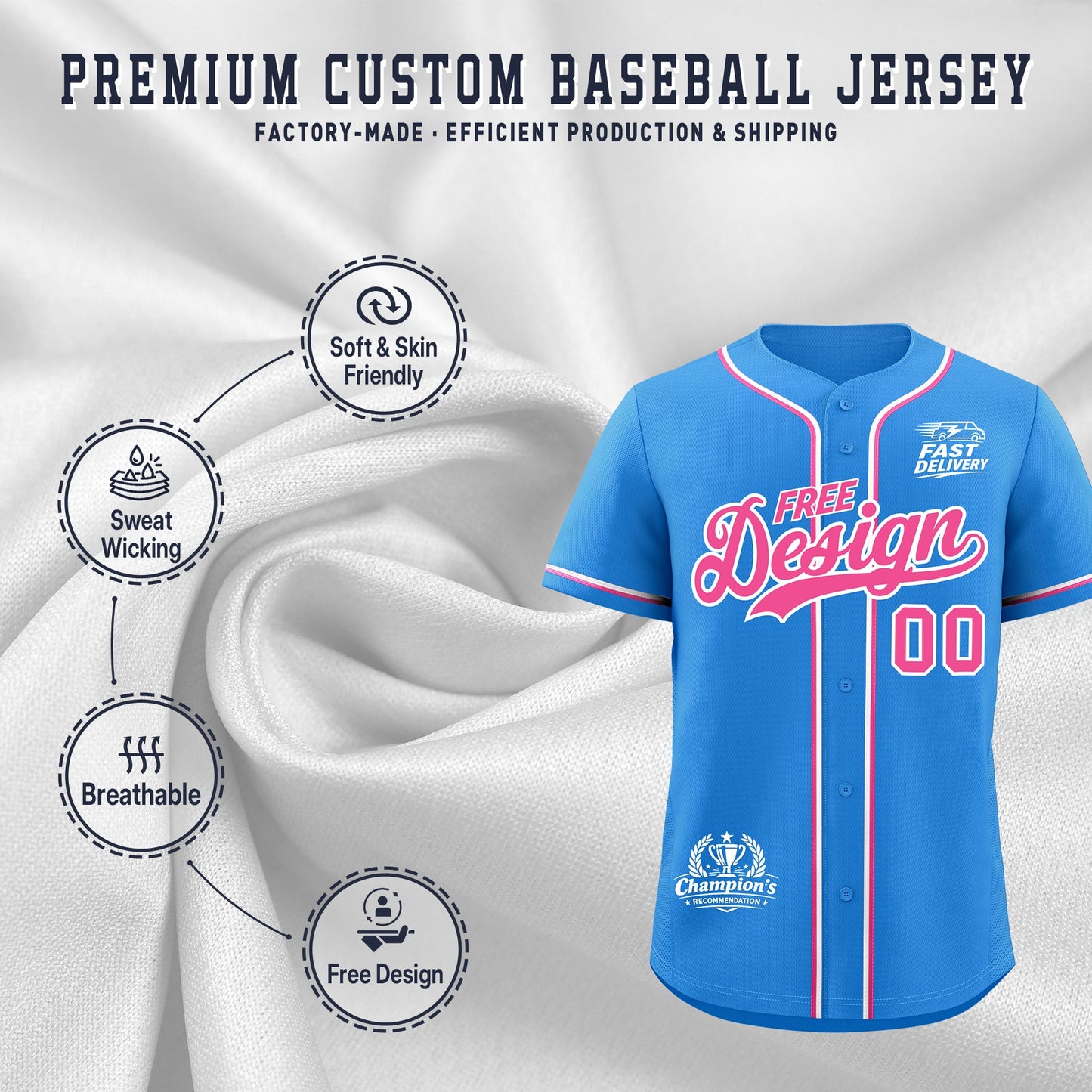 Custom Light Blue Pink White Classic Style Baseball Jersey Stitched Sports Uniform Personalized For Teams
