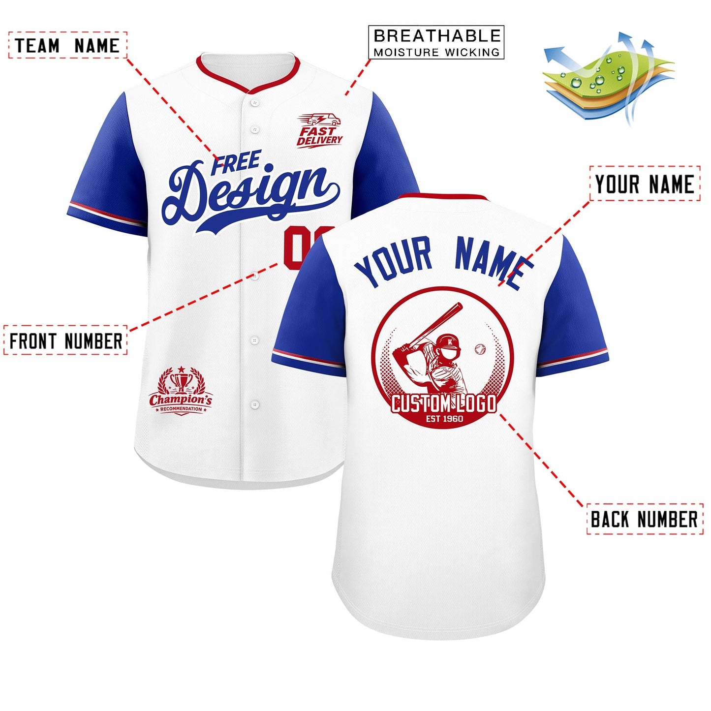Custom White Royal Red Classic Style Baseball Jersey Stitched Sports Uniform Personalized For Teams