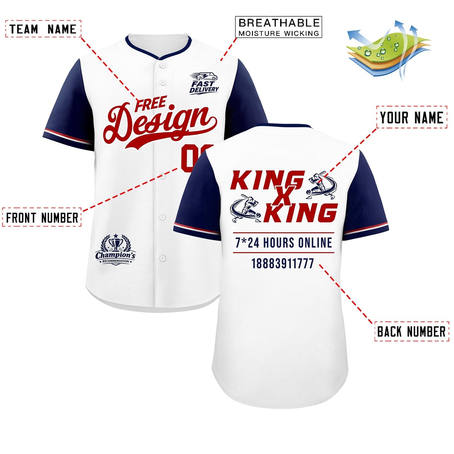 Custom White Red Navy Classic Style Baseball Jersey Stitched Sports Uniform Personalized For Teams