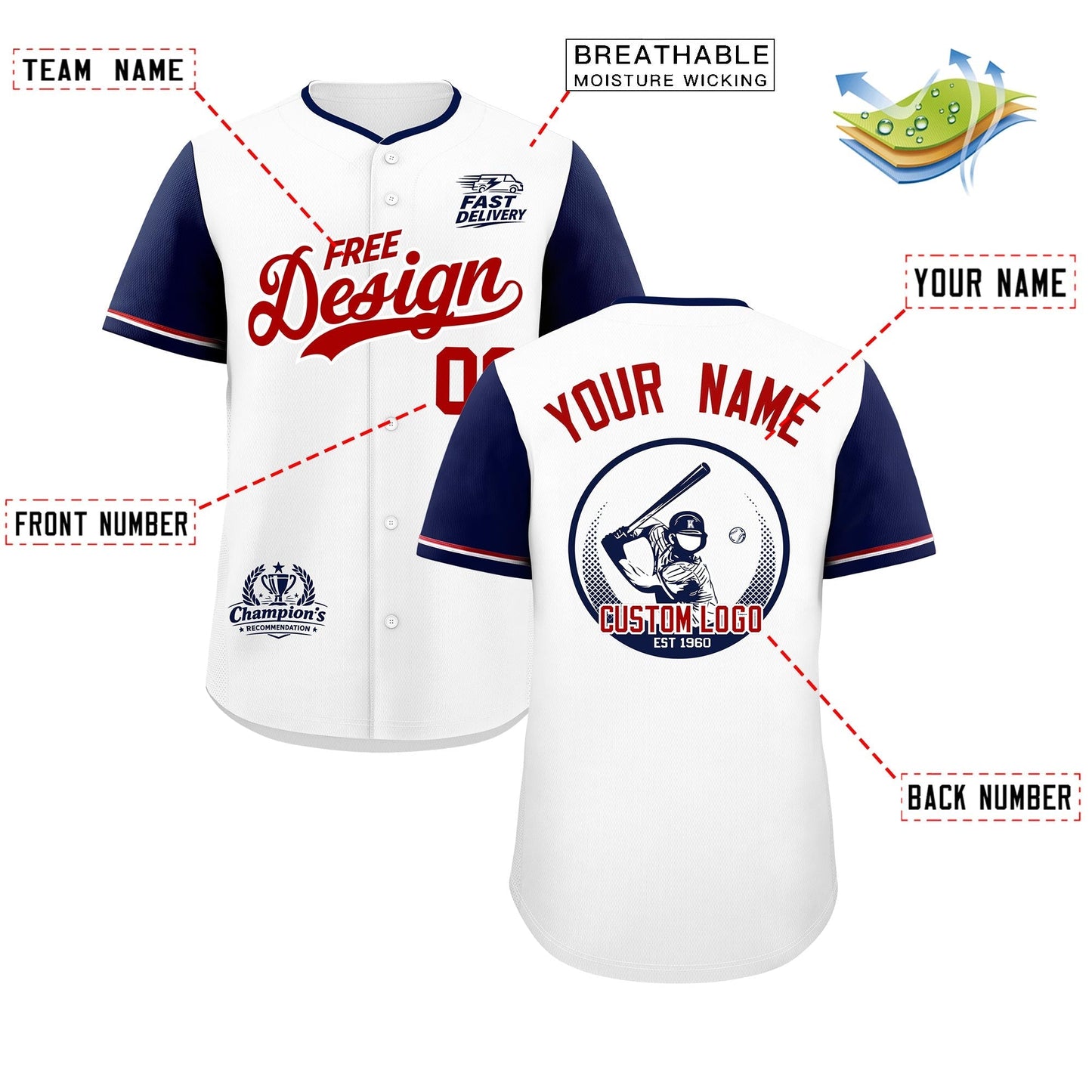 Custom White Red Navy Classic Style Baseball Jersey Stitched Sports Uniform Personalized For Teams