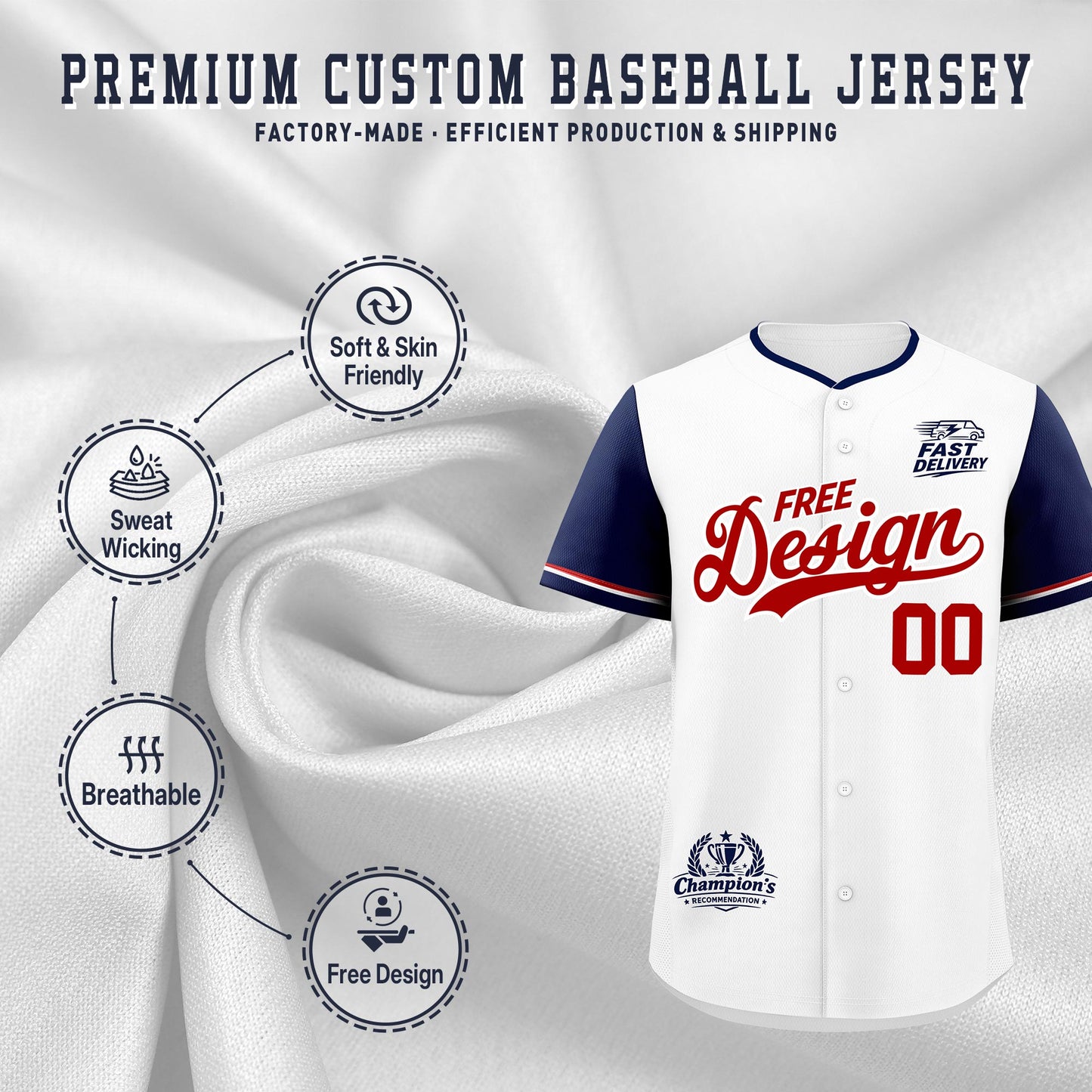 Custom White Red Navy Classic Style Baseball Jersey Stitched Sports Uniform Personalized For Teams