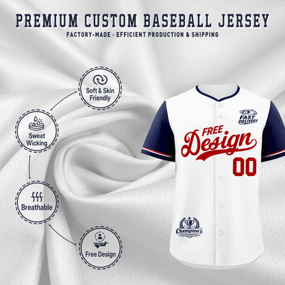 Custom White Red Navy Classic Style Baseball Jersey Stitched Sports Uniform Personalized For Teams