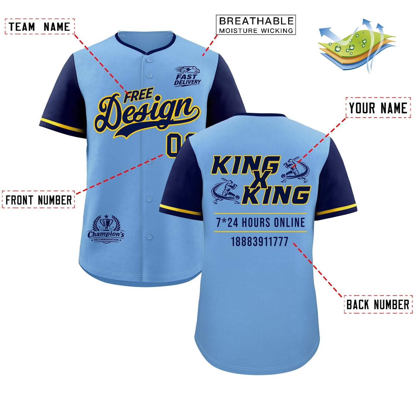 Custom Powder Blue Yellow Classic Style Baseball Jersey Stitched Sports Uniform Personalized For Teams