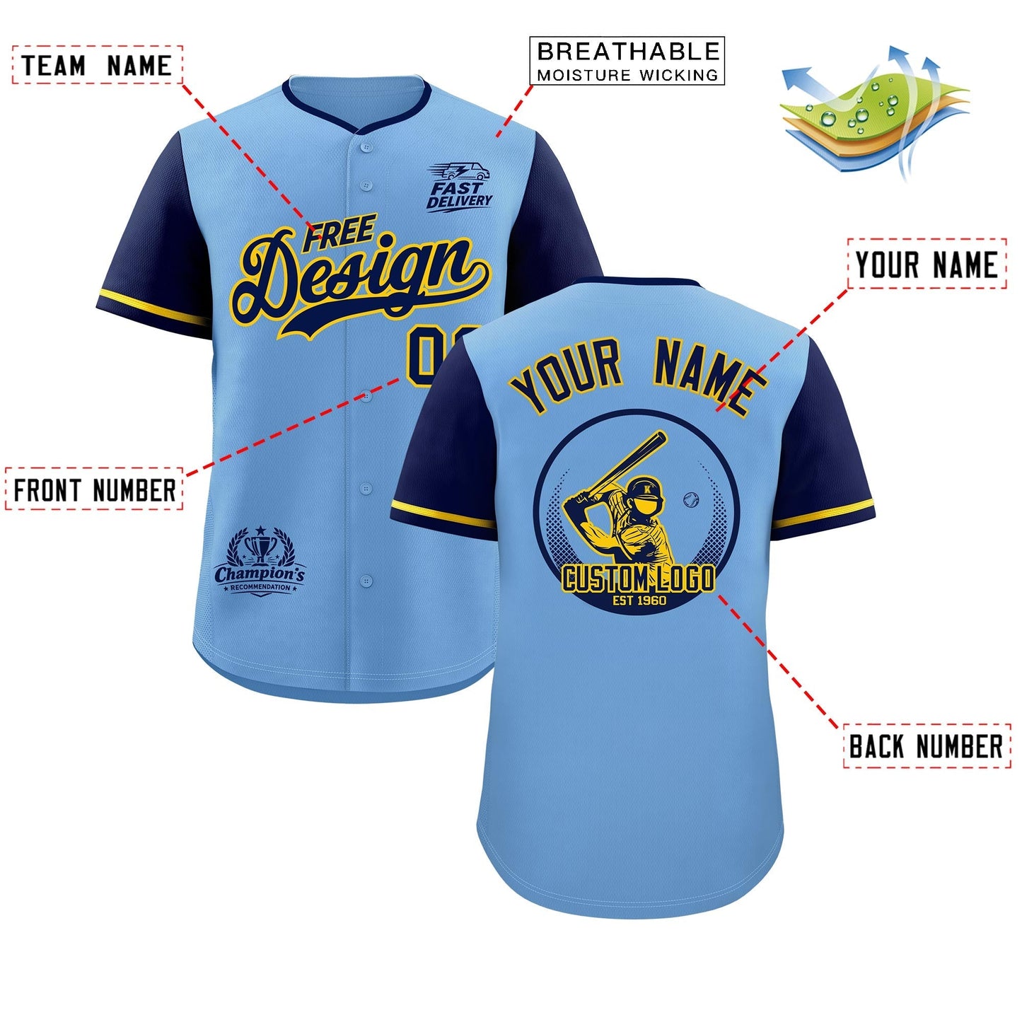 Custom Powder Blue Yellow Classic Style Baseball Jersey Stitched Sports Uniform Personalized For Teams