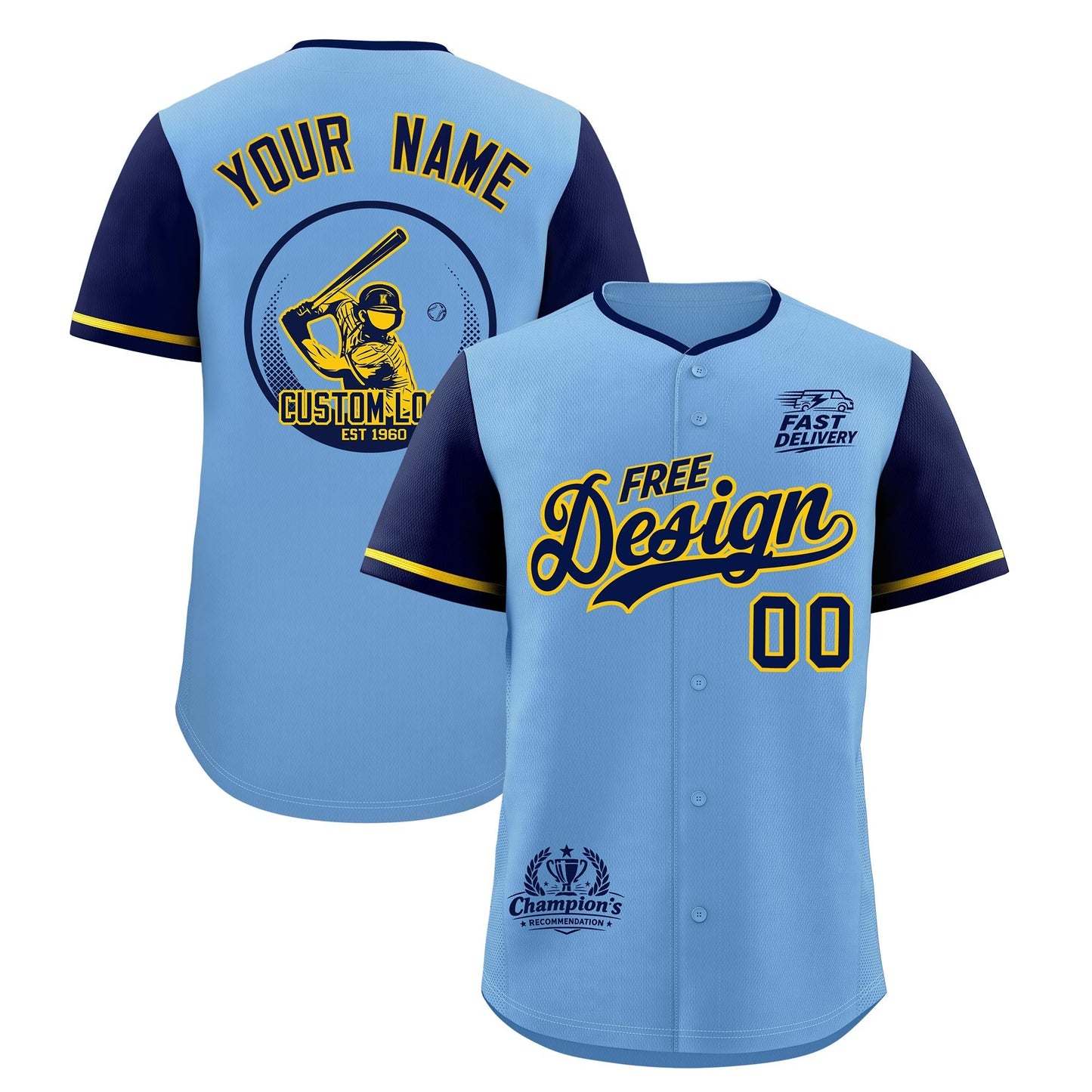 Custom Powder Blue Yellow Classic Style Baseball Jersey Stitched Sports Uniform Personalized For Teams