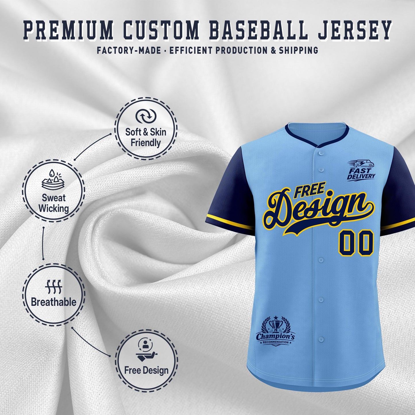 Custom Powder Blue Yellow Classic Style Baseball Jersey Stitched Sports Uniform Personalized For Teams