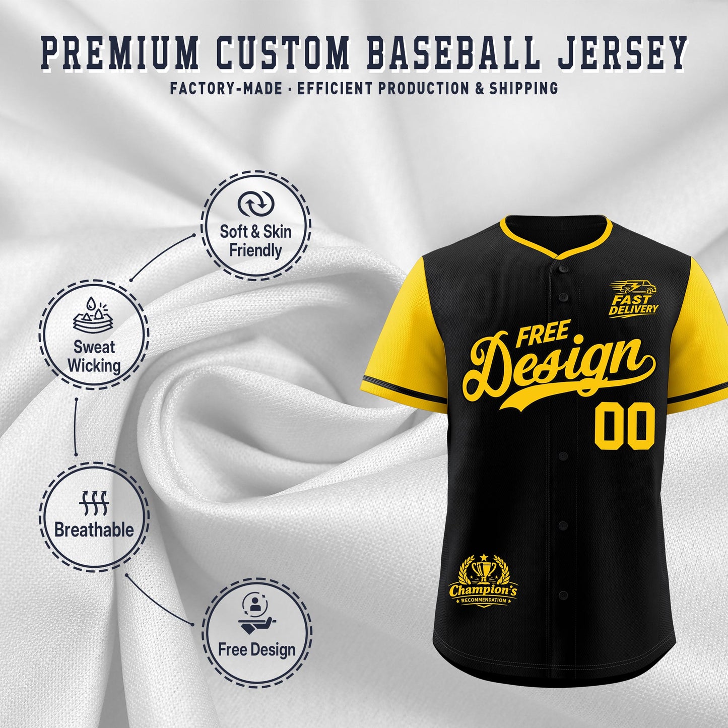 Custom Black Yellow Classic Style Baseball Jersey Stitched Sports Uniform Personalized For Teams