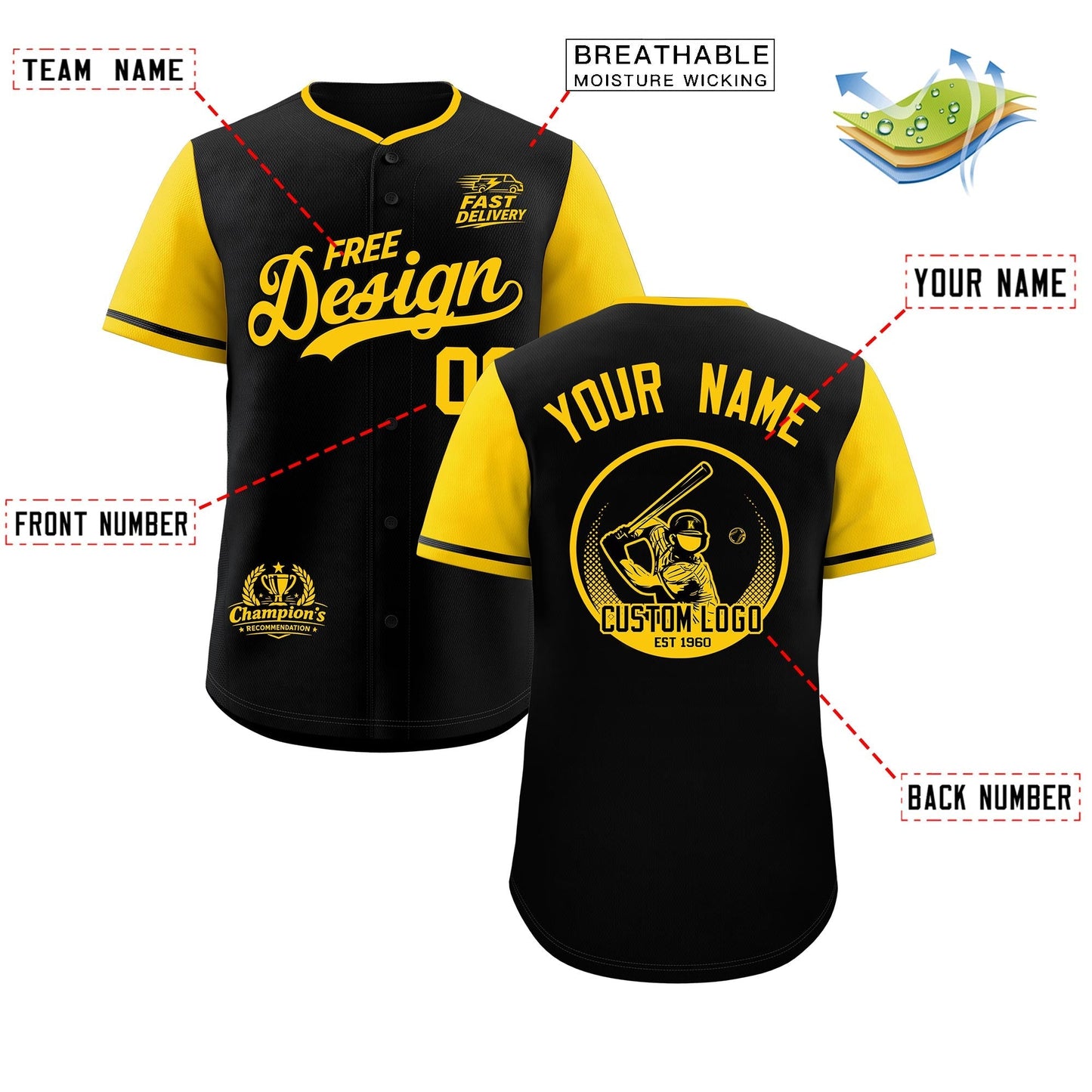 Custom Black Yellow Classic Style Baseball Jersey Stitched Sports Uniform Personalized For Teams