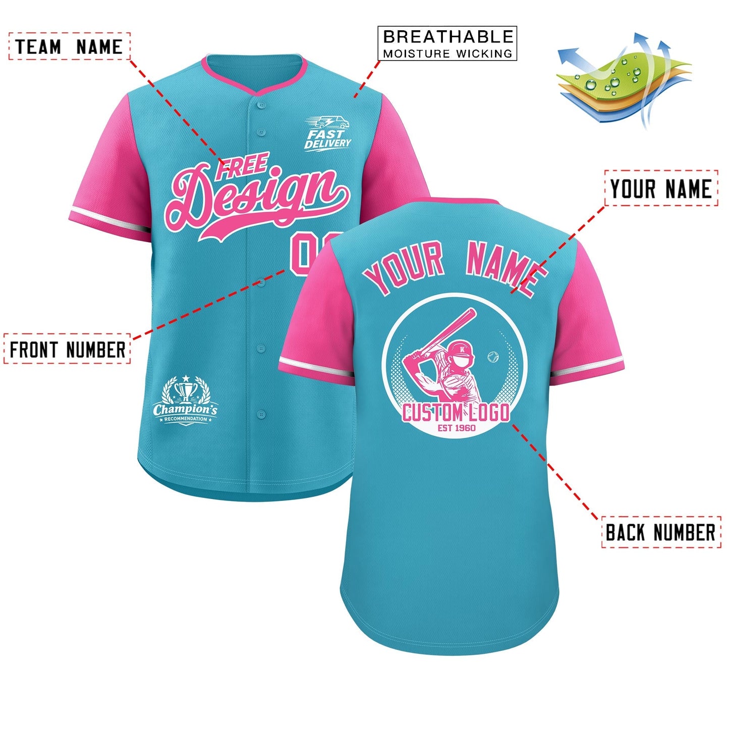 Custom Sky Blue White Pink Classic Style Baseball Jersey Stitched Sports Uniform Personalized For Teams