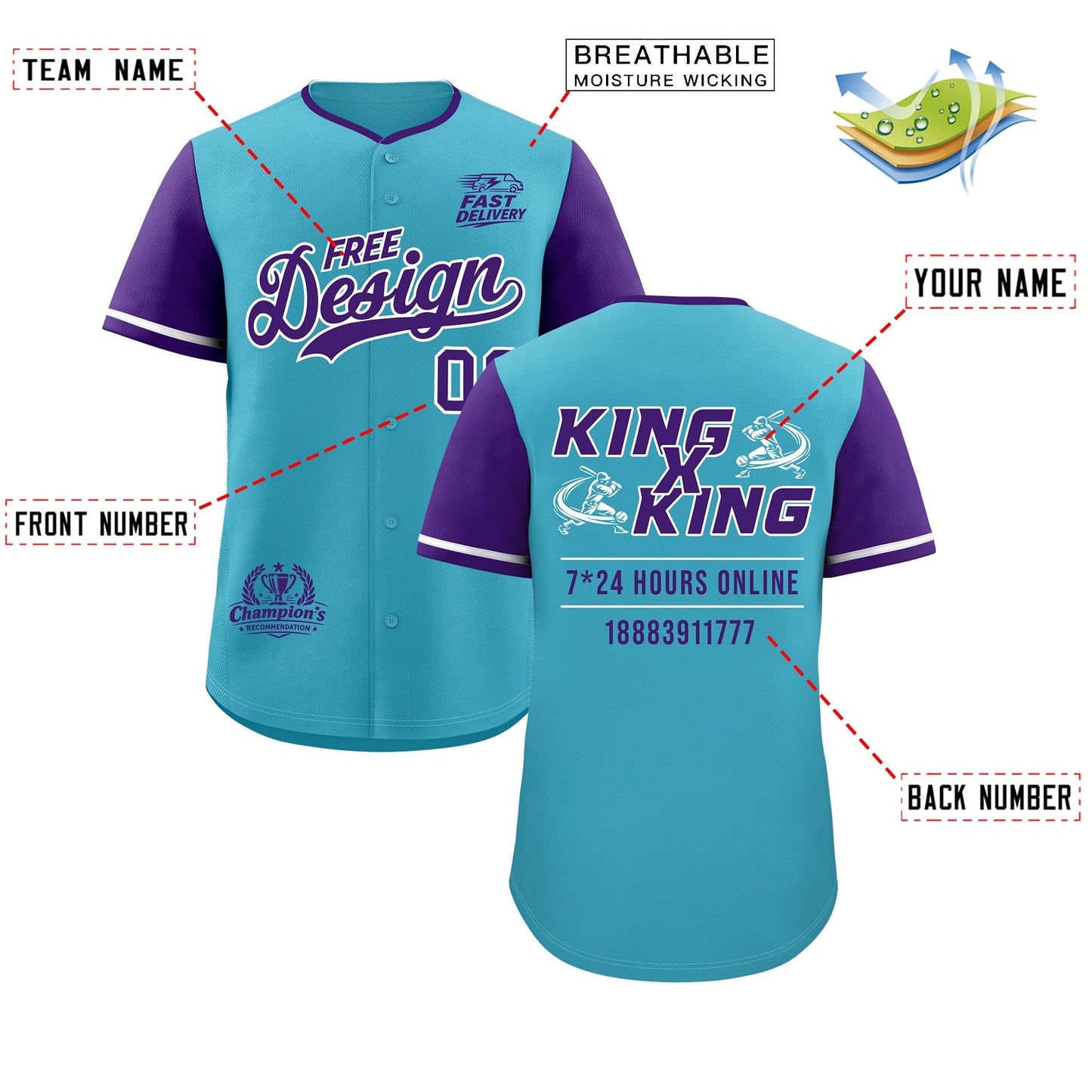 Custom Sky Blue White Purple Classic Style Baseball Jersey Stitched Sports Uniform Personalized For Teams