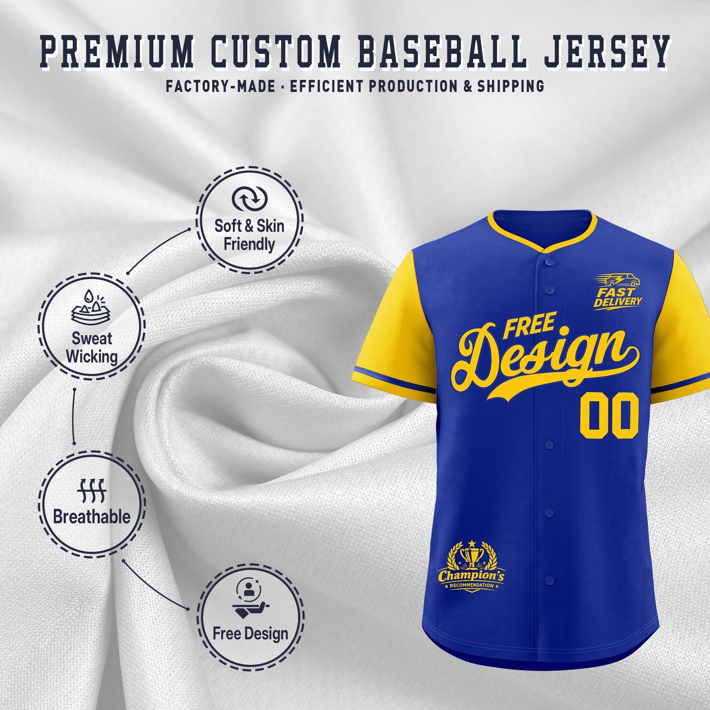 Custom Royal Yellow Classic Style Baseball Jersey Stitched Sports Uniform Personalized For Teams