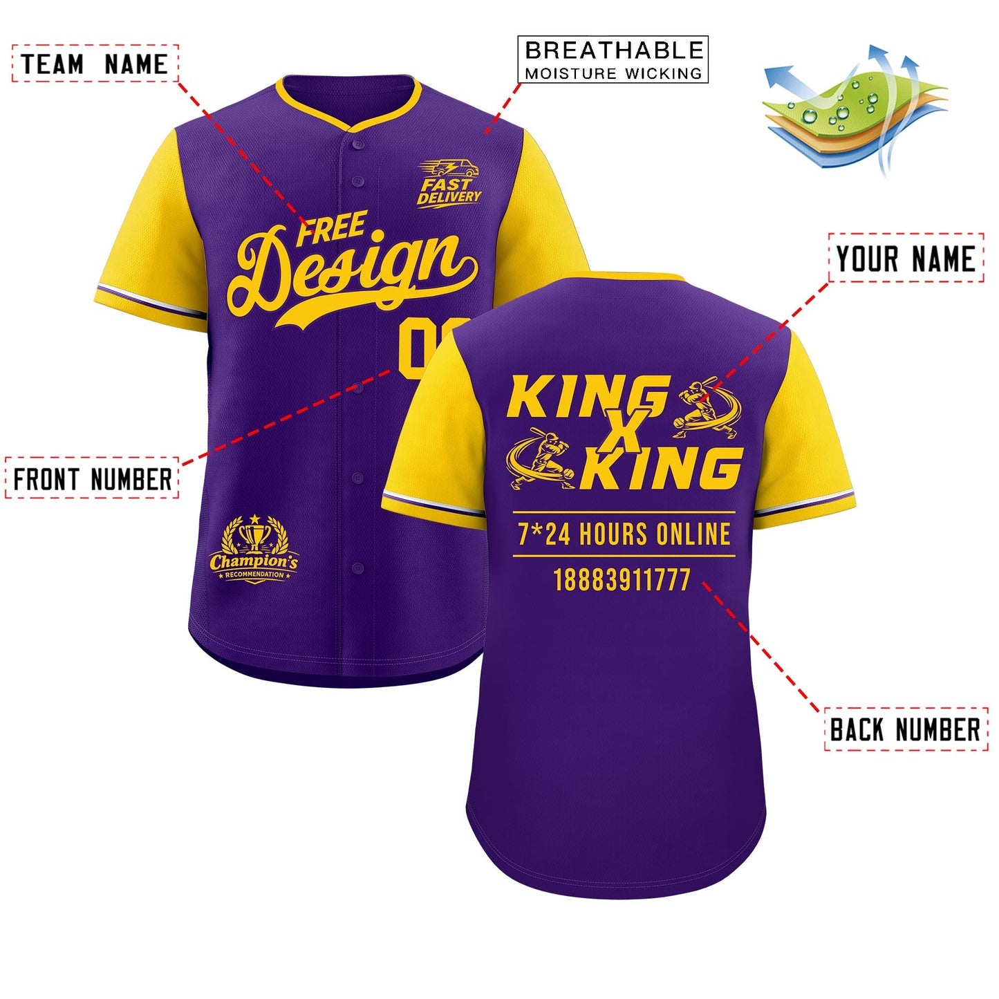 Custom Purple Yellow Classic Style Baseball Jersey Stitched Sports Uniform Personalized For Teams