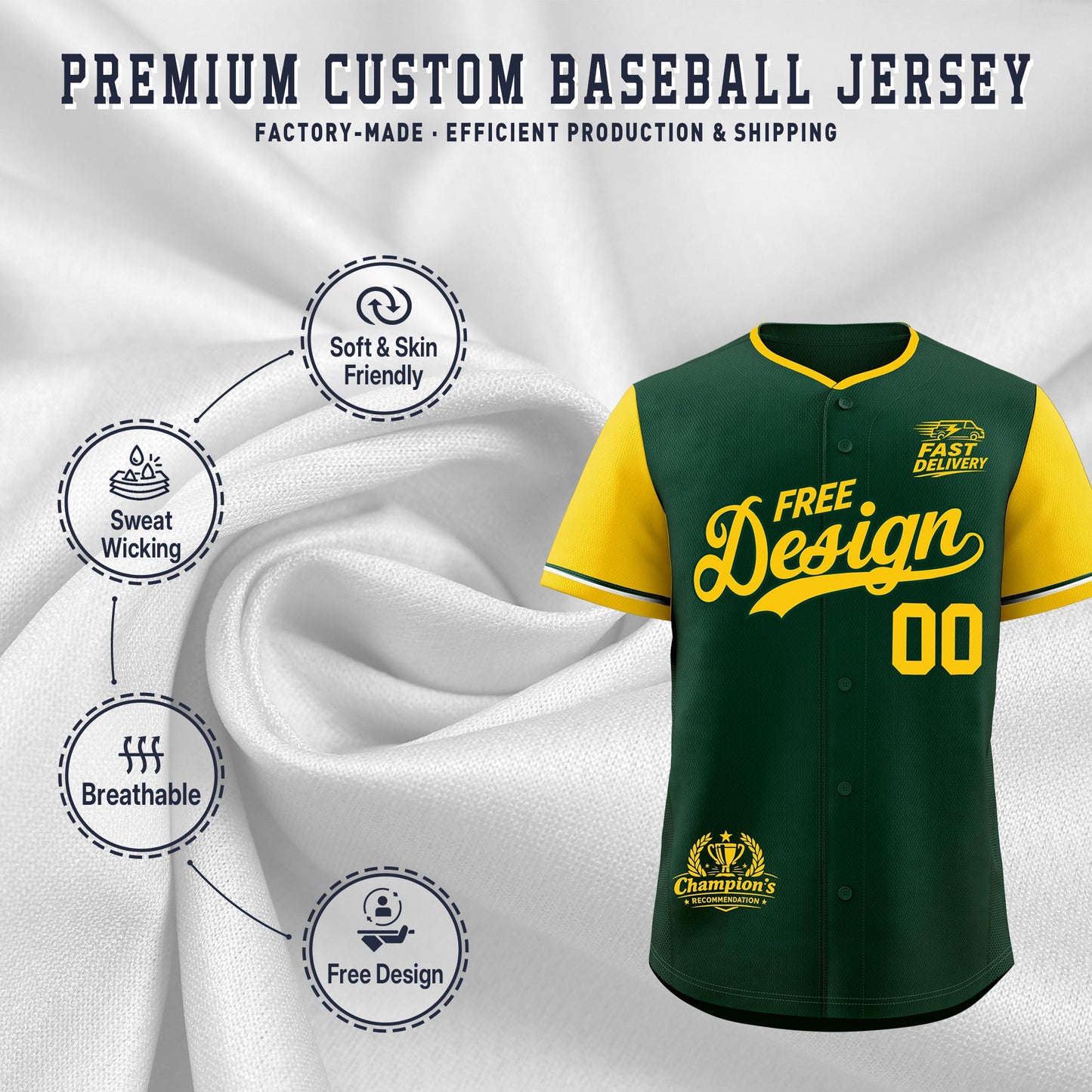 Custom Green Yellow Classic Style Baseball Jersey Stitched Sports Uniform Personalized For Teams