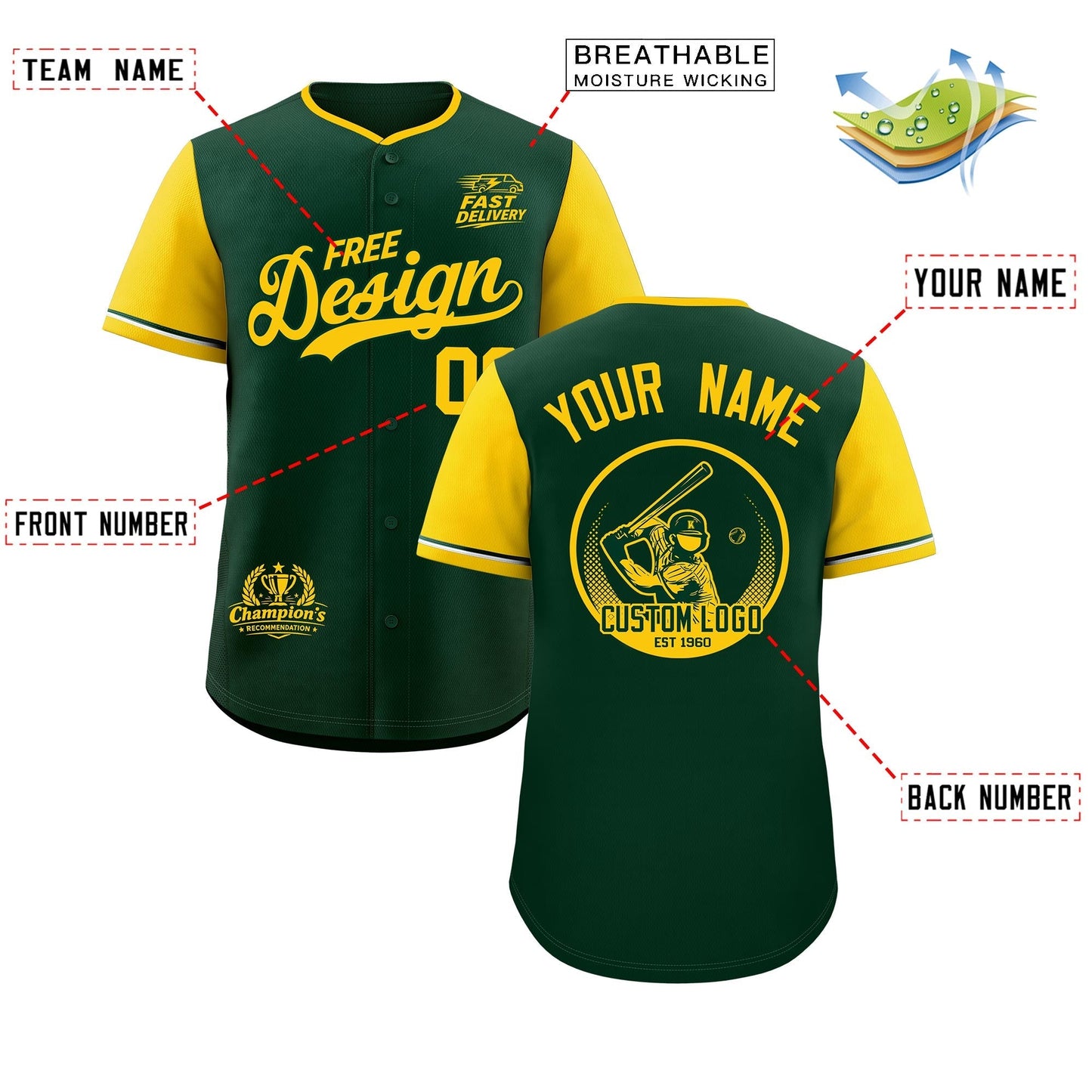 Custom Green Yellow Classic Style Baseball Jersey Stitched Sports Uniform Personalized For Teams