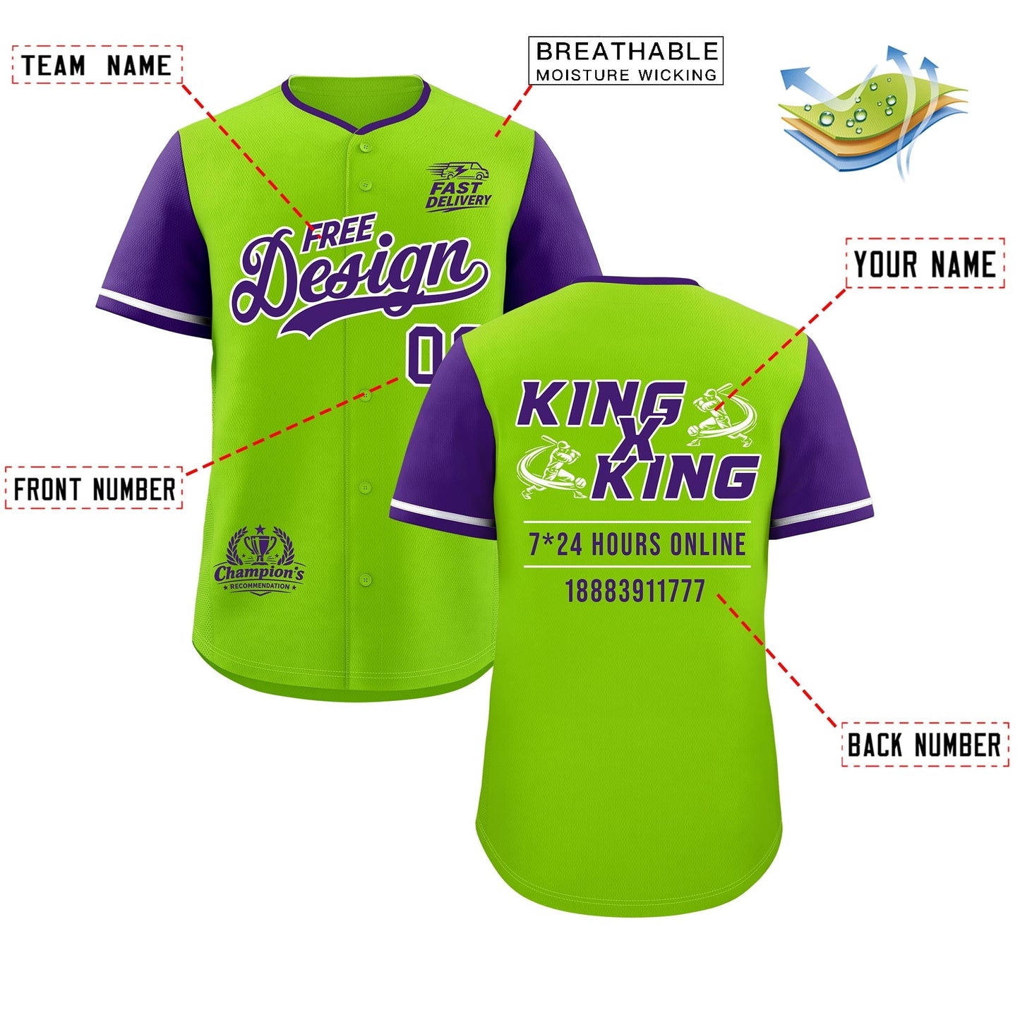 Custom Neon Green Purple Classic Style Baseball Jersey Stitched Sports Uniform Personalized For Teams